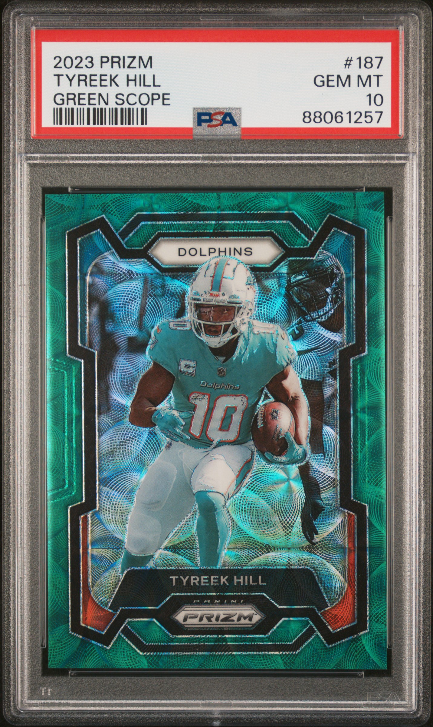 2023 Panini Prizm Green Scope #187 Tyreek Hill (#52/75) – PSA GEM MT 10