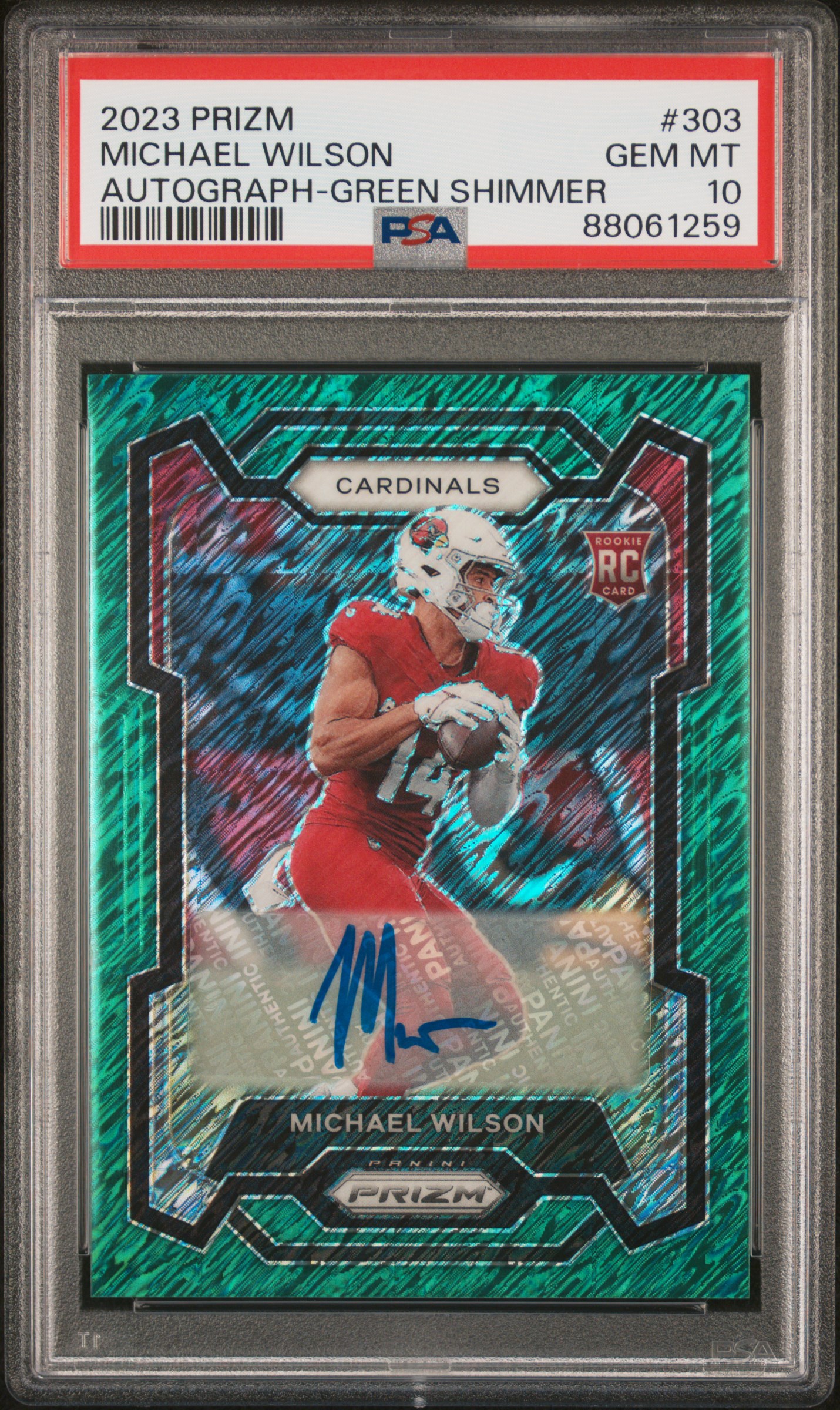 2023 Panini Prizm Autograph-Green Shimmer #303 Michael Wilson Signed Rookie Card (#5/5) – PSA GEM MT 10