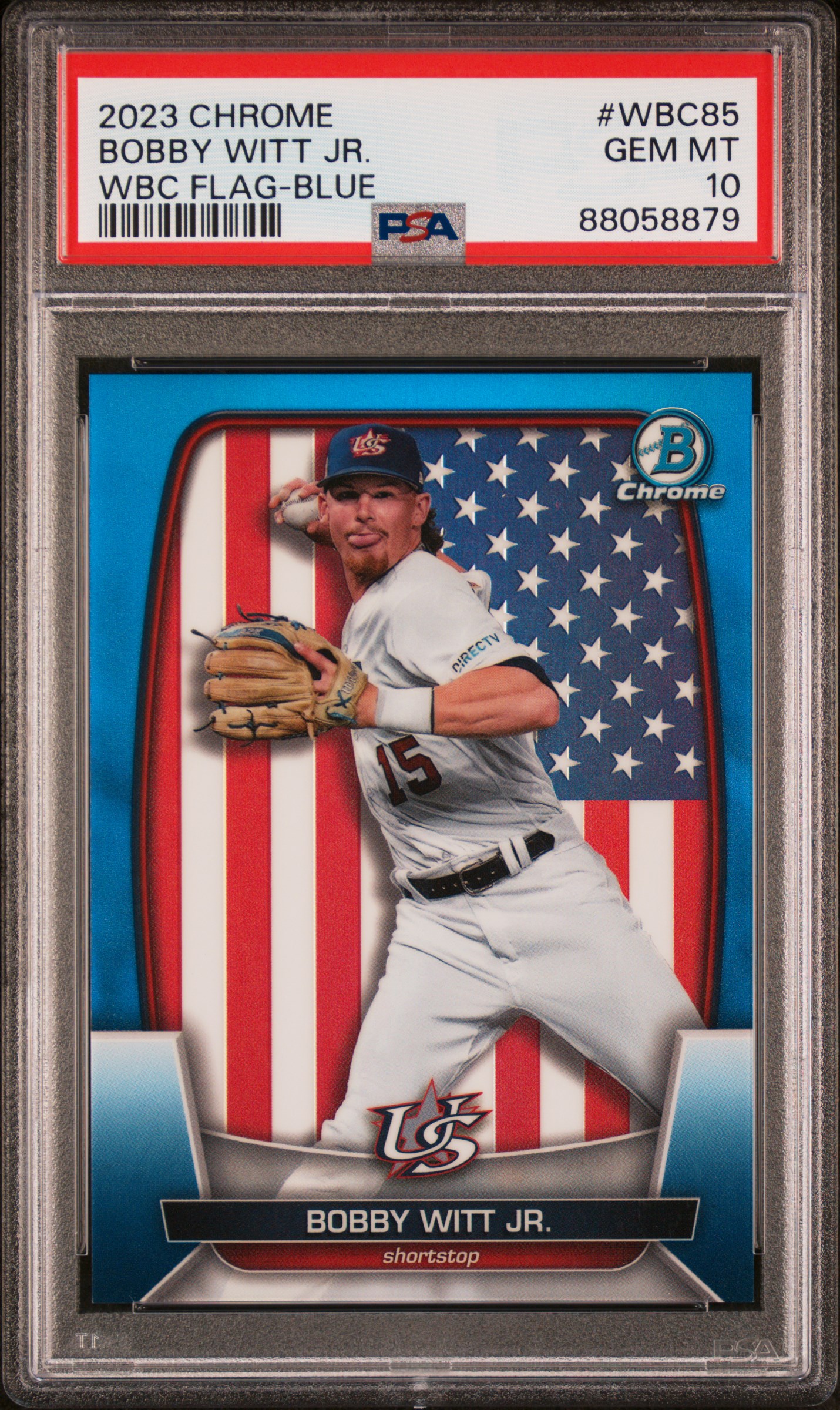 2023 Bowman Chrome World Baseball Classic Flag Blue #WBC85 Bobby Witt Jr. (#12/75) – PSA GEM MT 10