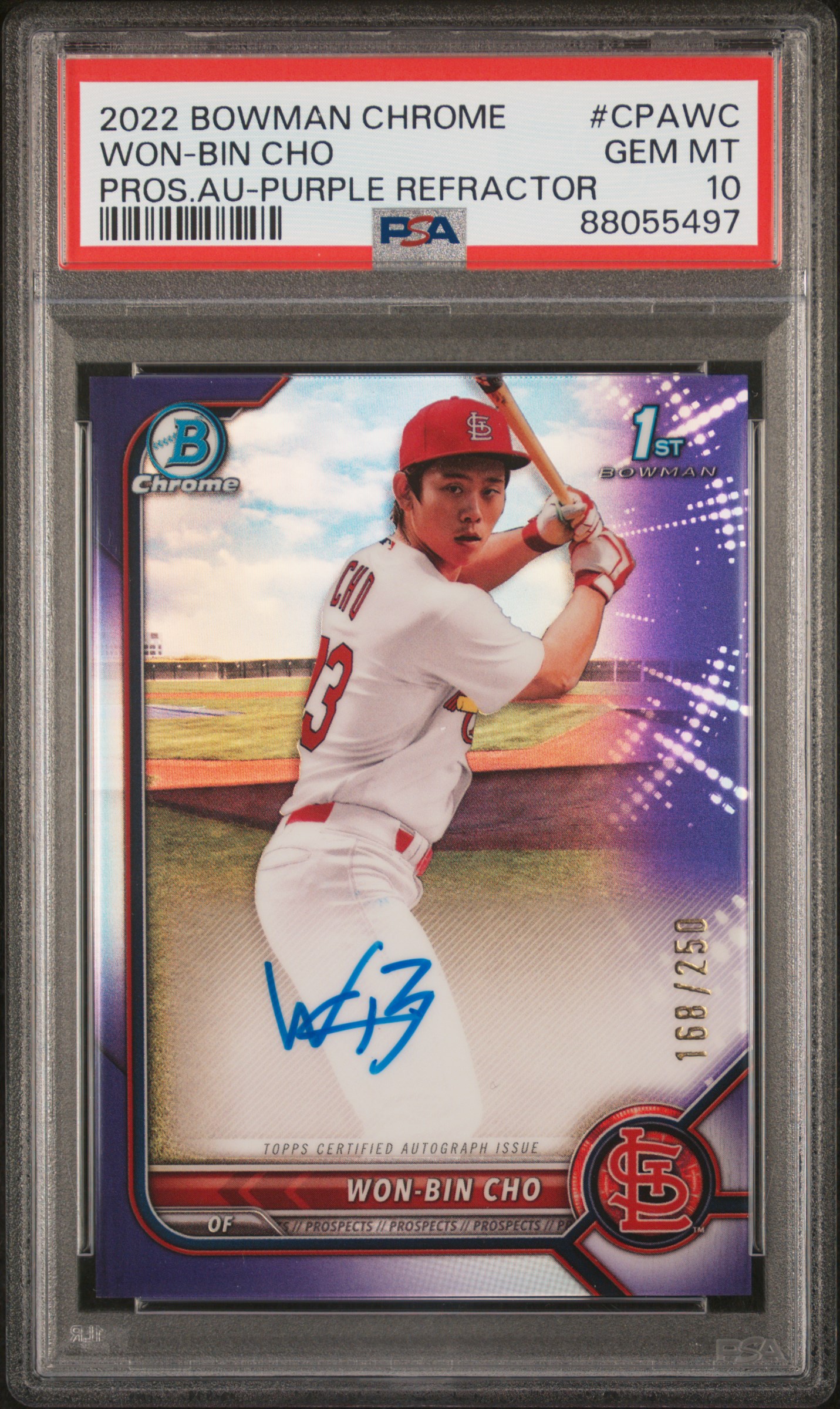 2022 Bowman Chrome Prospect Autographs Won-Bin Cho Purple Refractor #CPAWC PSA 10
