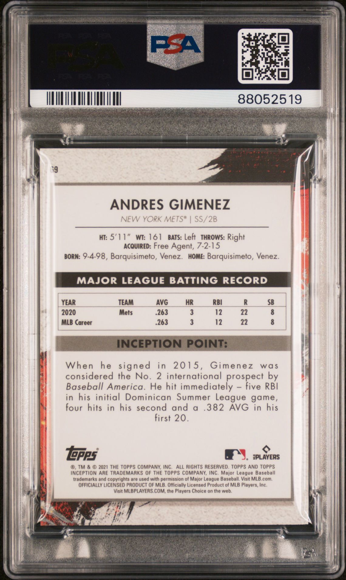 2021 Topps Inception Andres Gimenez #69 Gem Mt 10 back