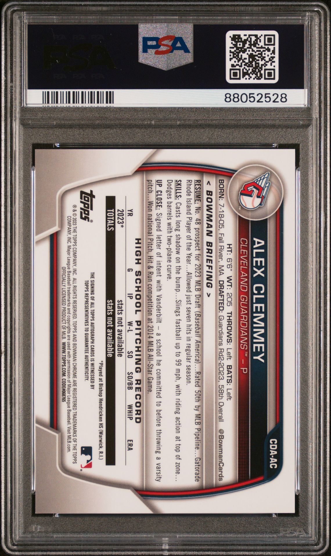 2023 Bowman Draft Chrome Prospect Autograph Alex Clemmey #Cdaac Gem Mt 10 back