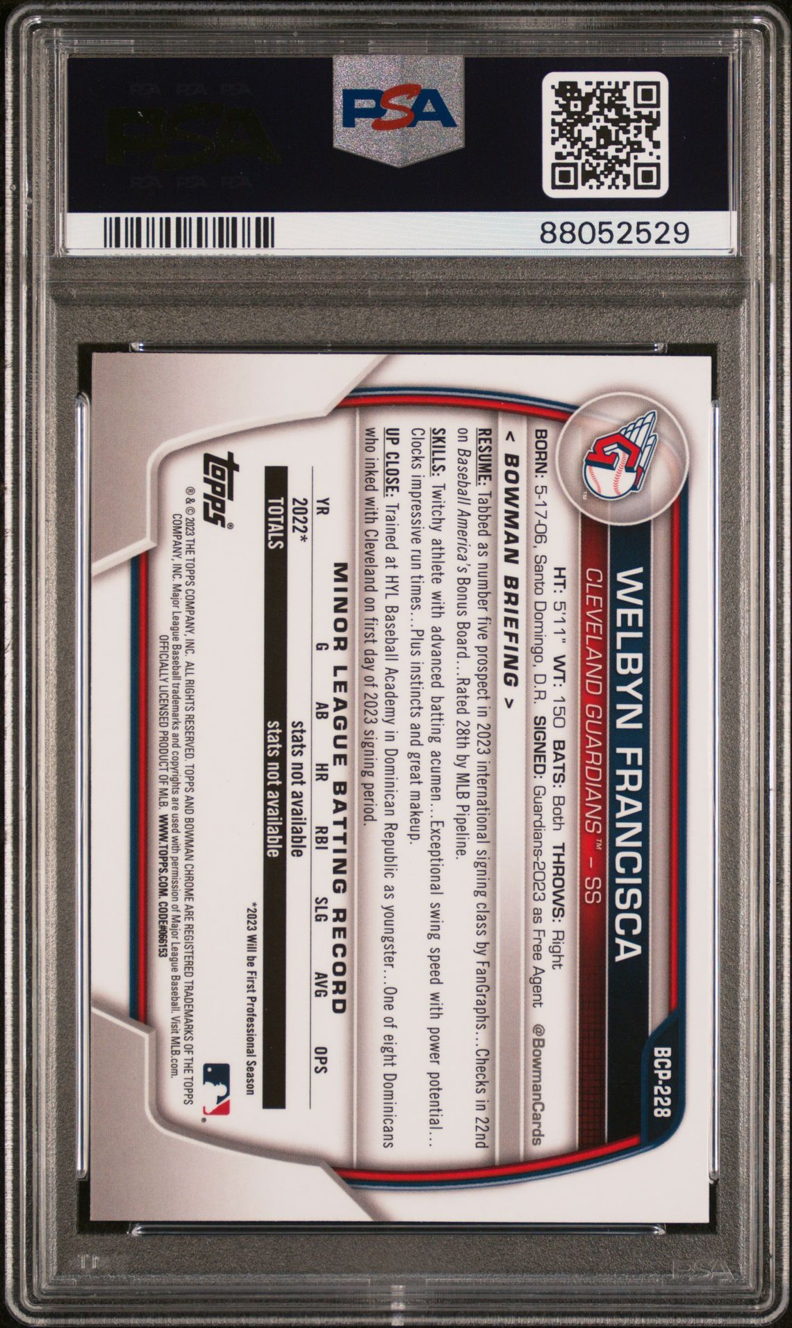 2023 Bowman Chrome Sapphire Edition Prospects Welbyn Francisca #228 Gem Mt 10 back