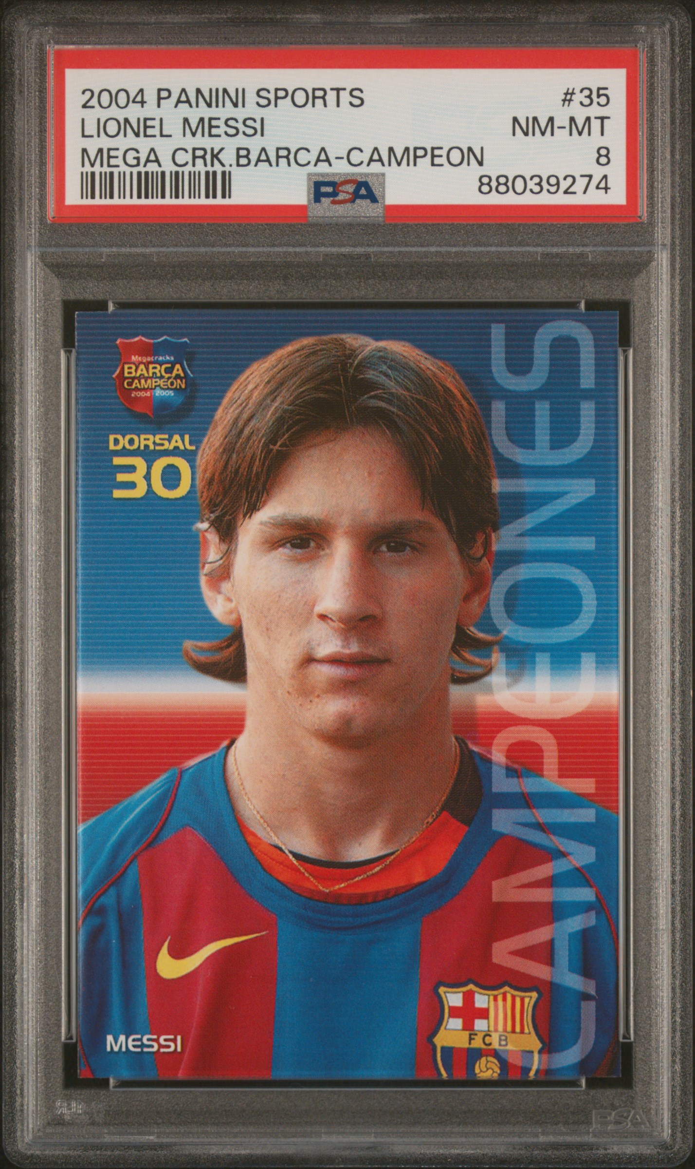 2004 Panini Sports Mega Cracks Barca Campeon (Spanish) #35 Lionel Messi Rookie Card – PSA NM-MT 8