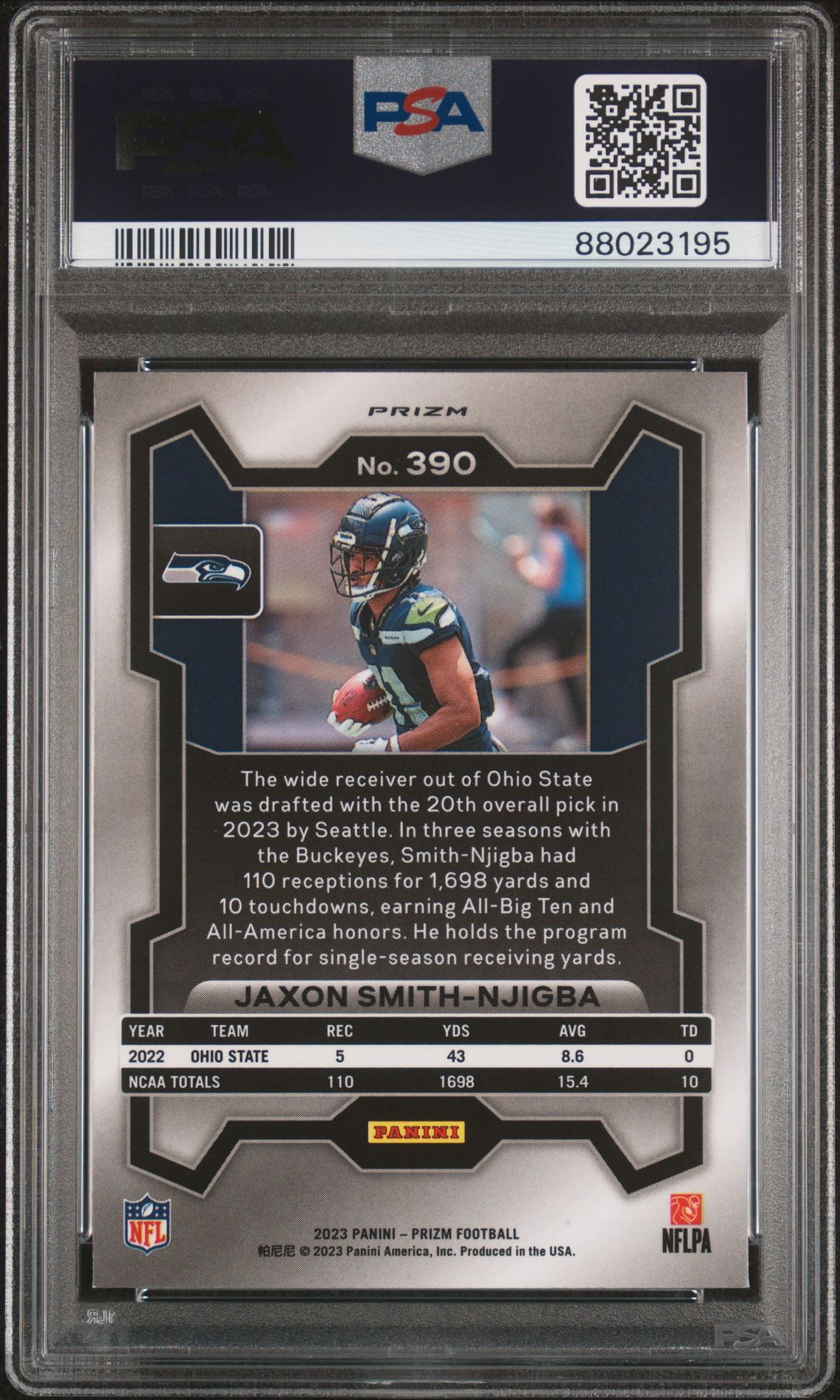 2023 Panini Prizm Jaxon Smith-Njigba #390 (Silver Prizm) Gem Mt 10 back