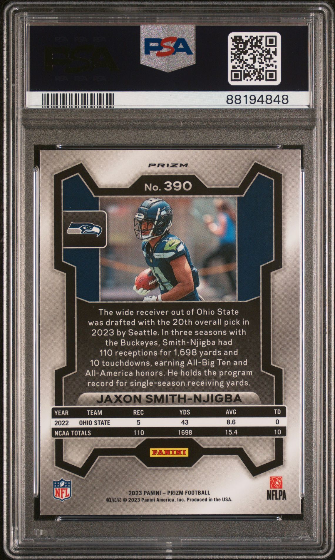 2023 Panini Prizm Jaxon Smith-Njigba #390 (Pink Prizm) Gem Mt 10 back