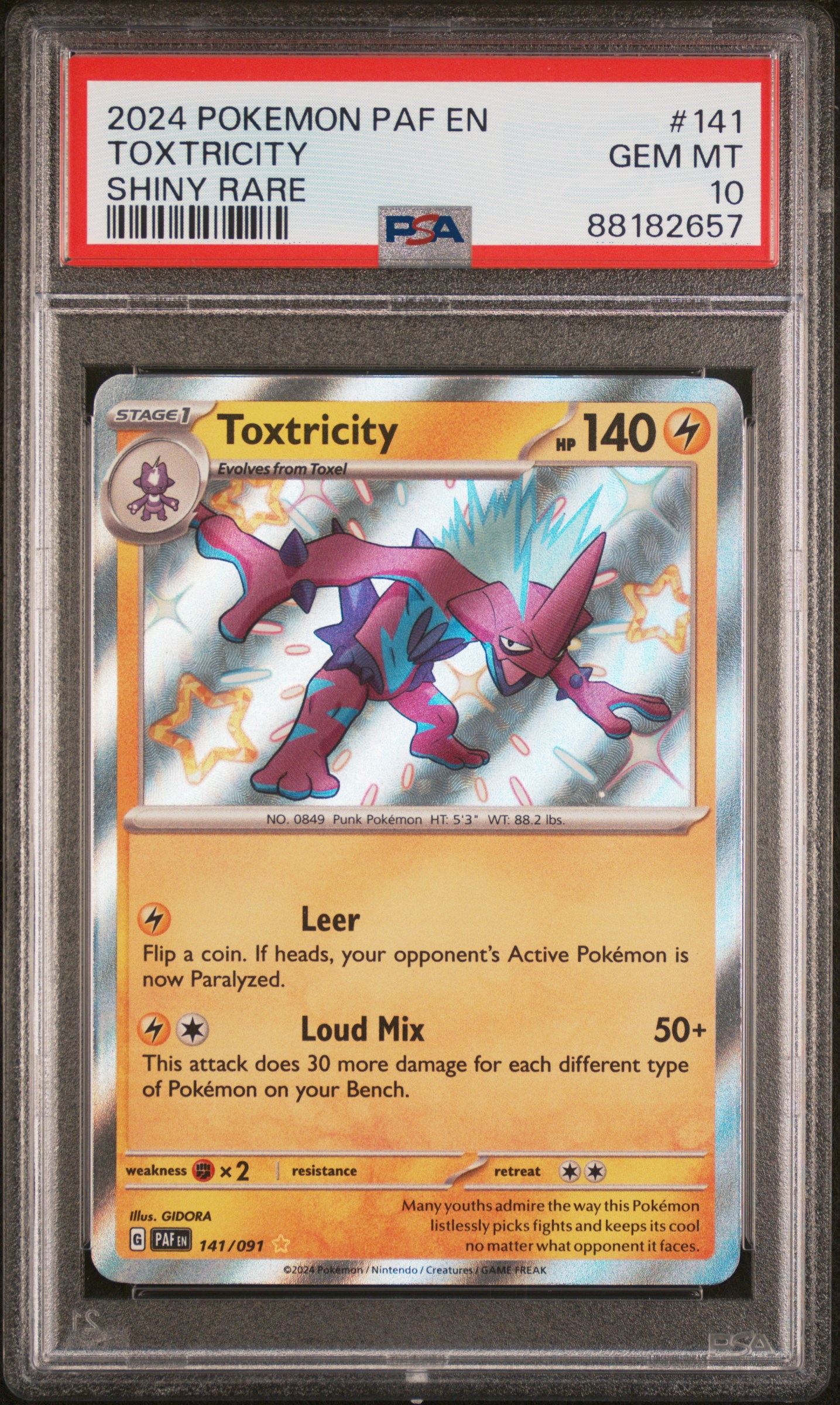 2024 Pokemon Paf En-Paldean Fates Shiny Rare 141 Toxtricity – PSA GEM MT 10