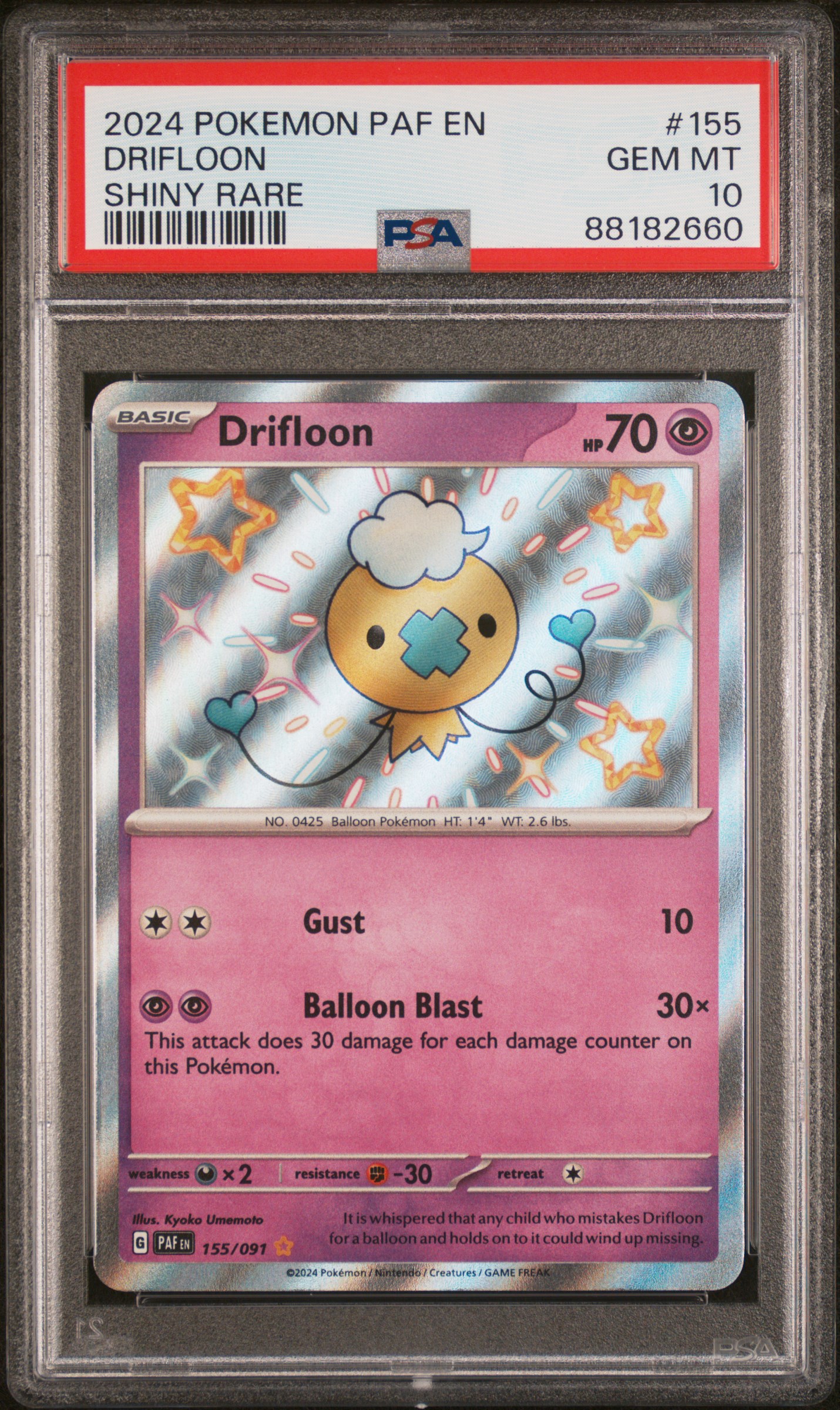 2024 Pokemon Paf En-Paldean Fates Shiny Rare 155 Drifloon – PSA GEM MT 10