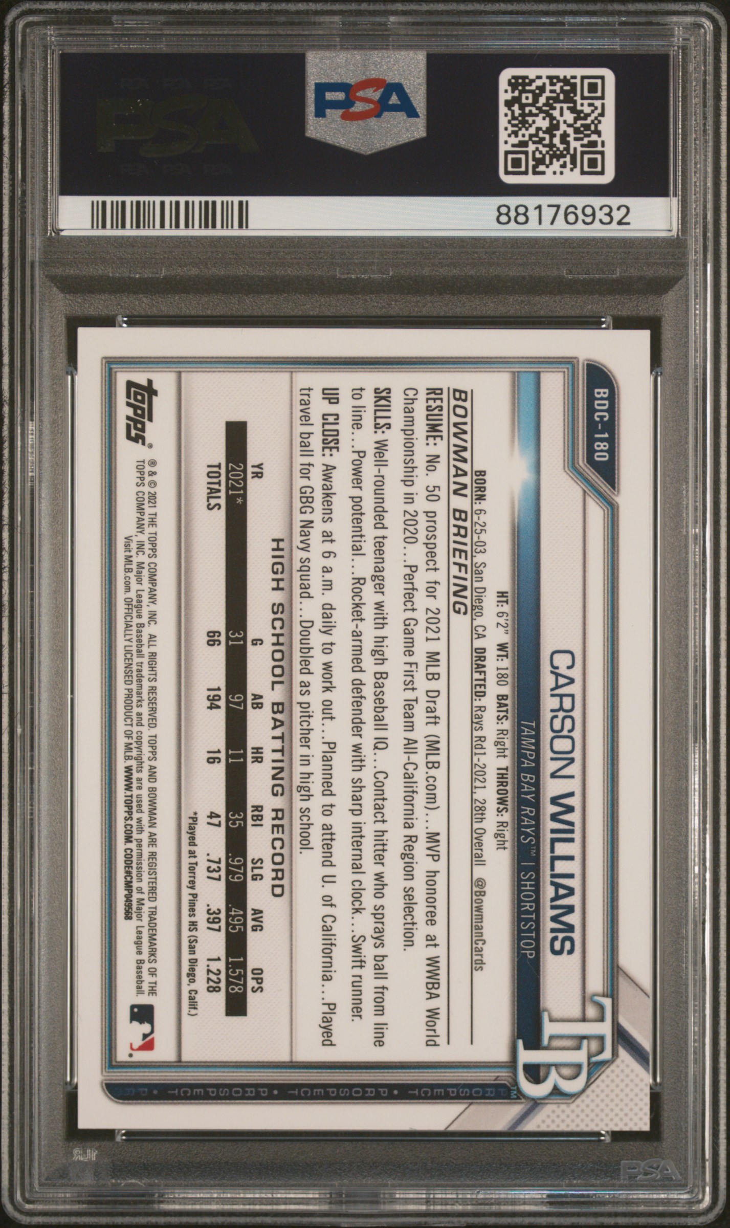 2021 Bowman Draft Carson Williams #Bdc180 (Chrome-Blue Refractor) Gem Mt 10 back