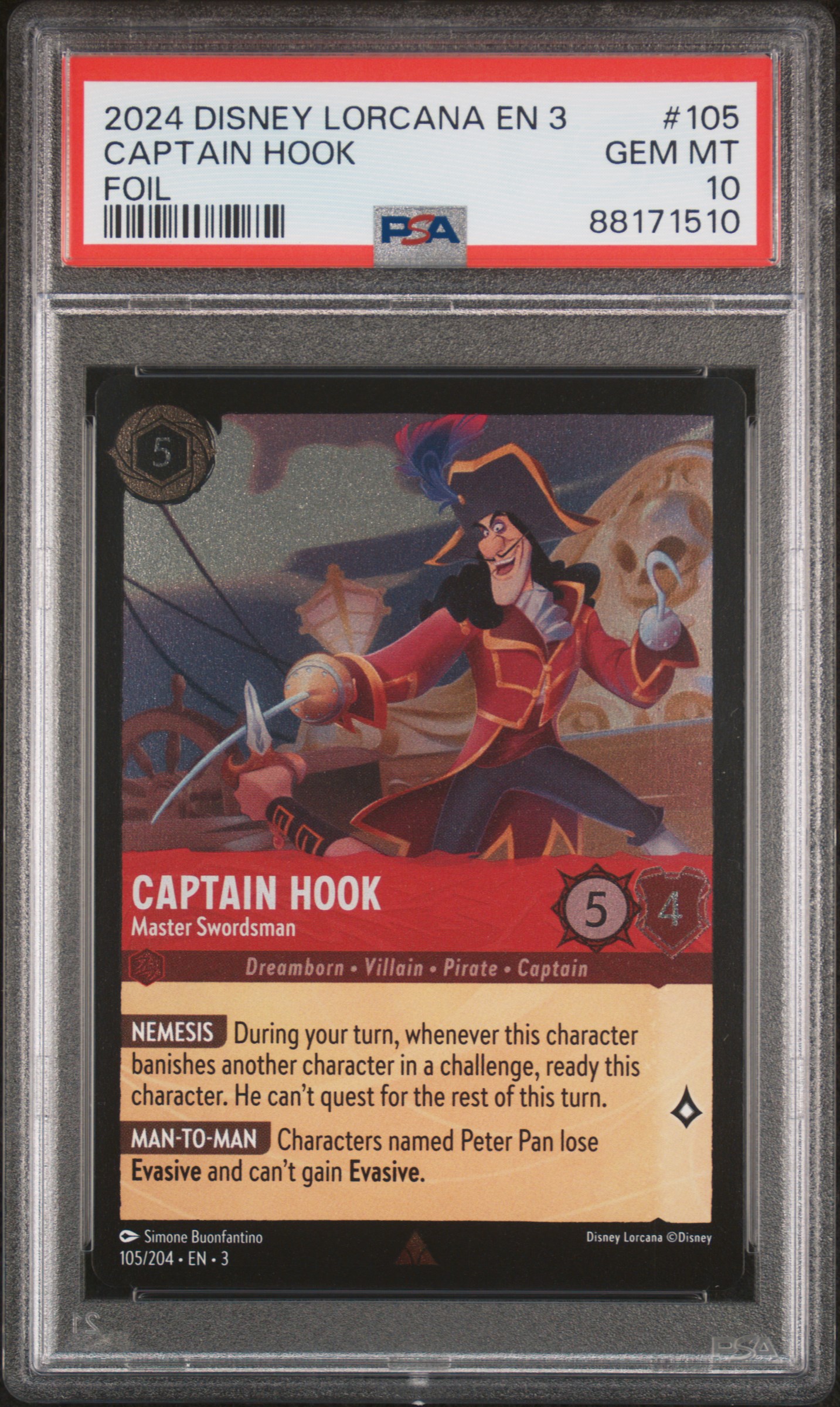 2024 Disney Lorcana En 3-Into The Inklands Foil #105 Captain Hook - Master Swordsman – PSA GEM MT 10