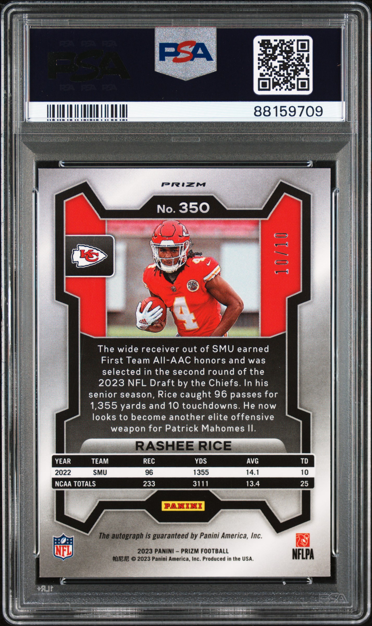 2023 Panini Prizm Rashee Rice #350 (Autograph-Gold Prizm) Gem Mt 10 back