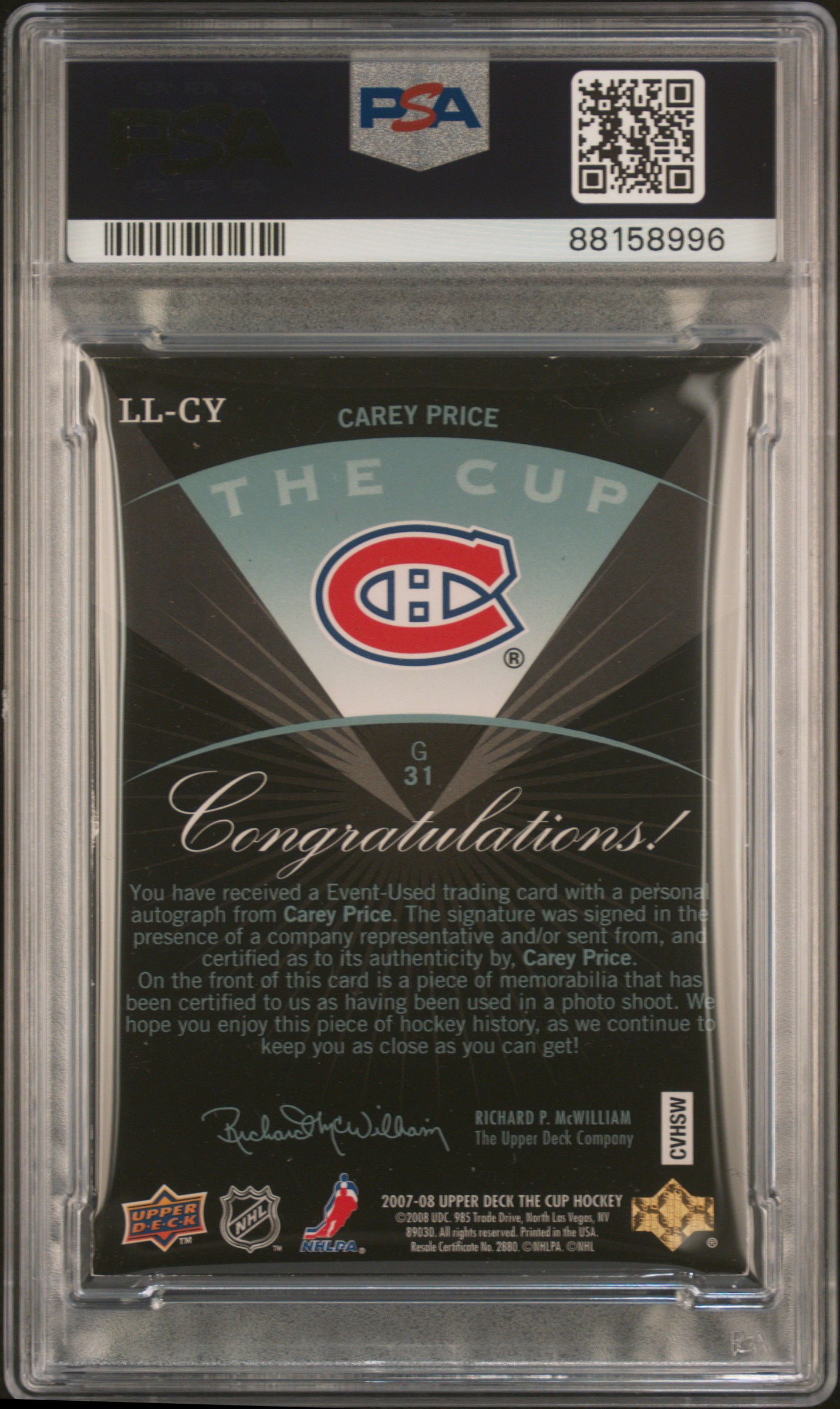 2007 Upper Deck The Cup Limited Logos Autographs Carey Price #Ll-Cy (Limited Logos Auto.) back