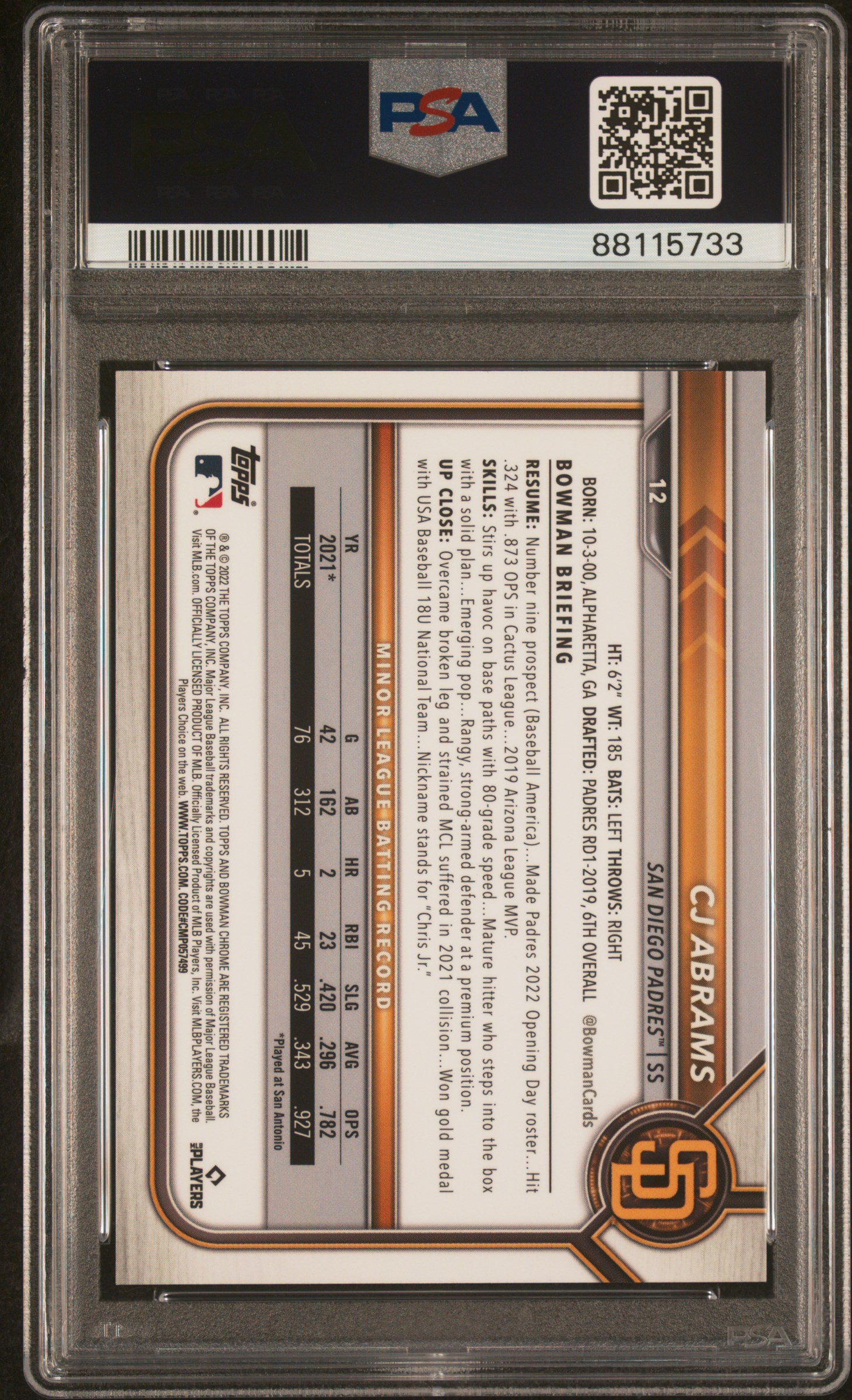 2022 Bowman Chrome Sapphire Edition Cj Abrams #12 (Sp-Orange) Gem Mt 10 back