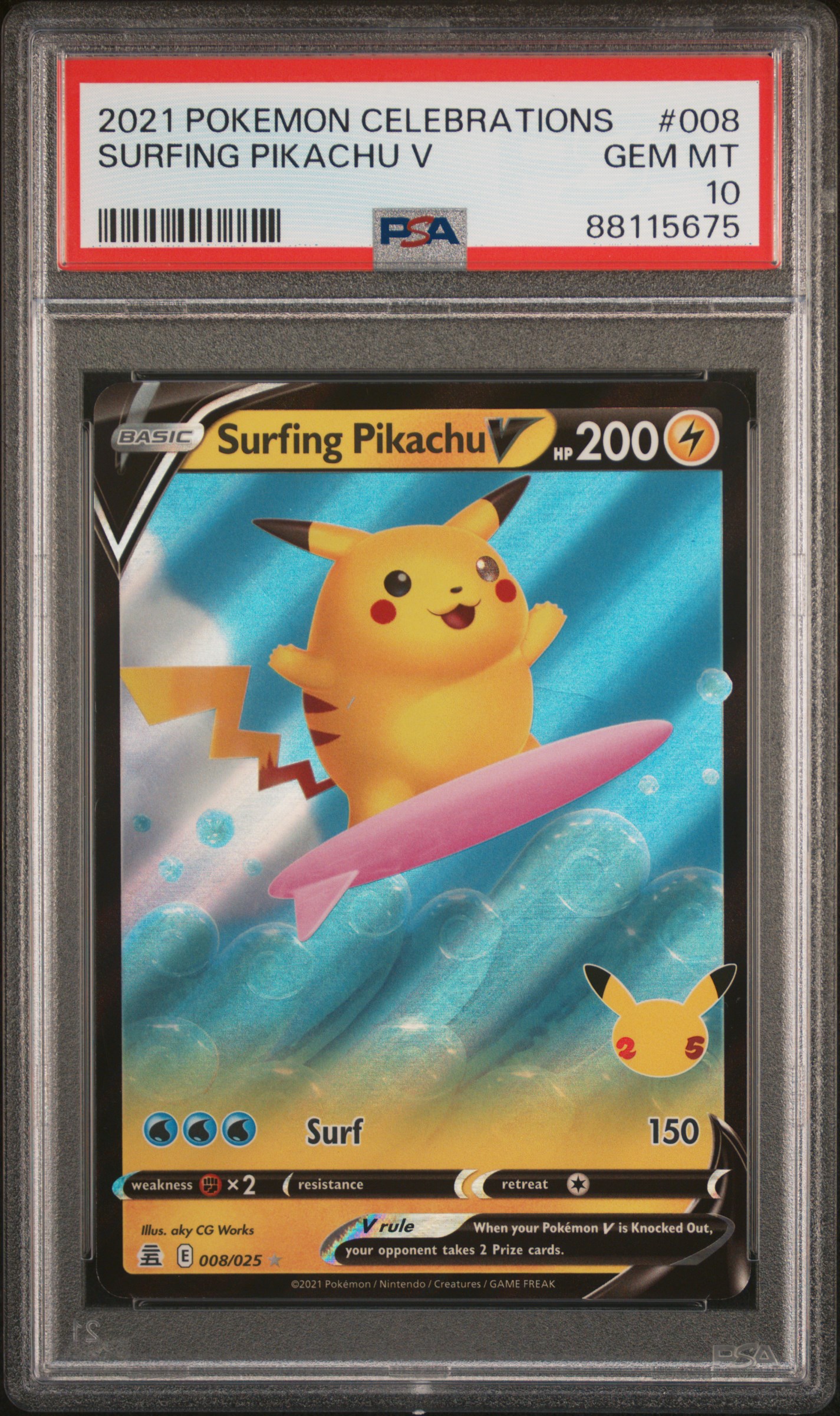 Image of 2021 Pokémon Celebrations Surfing Pikachu V #008 PSA 10