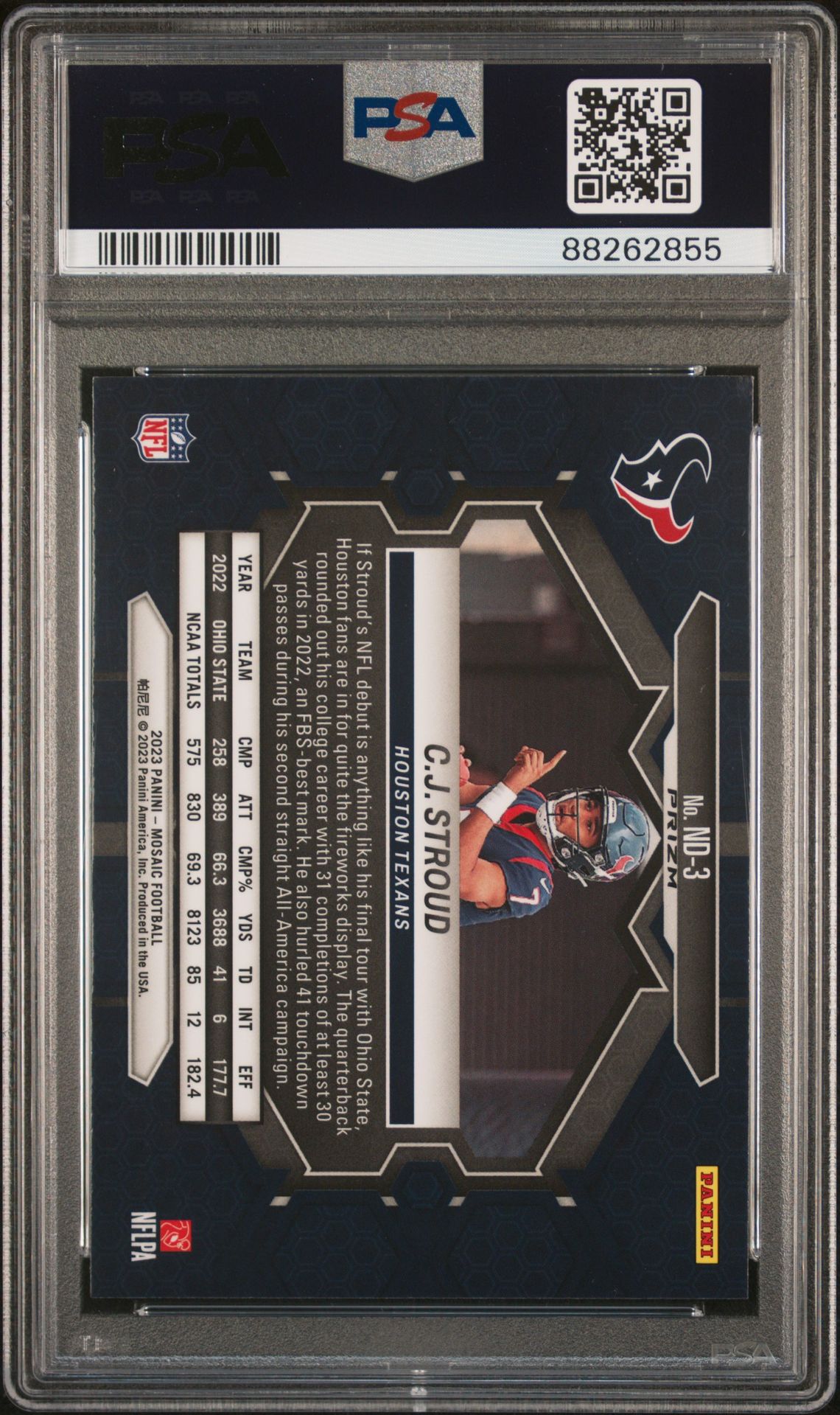 2023 Panini Mosaic Nfl Debut Cj Stroud #Nd3 (Nfl Debut-Silver) Gem Mt 10 back view - PSA certificate #88262855
