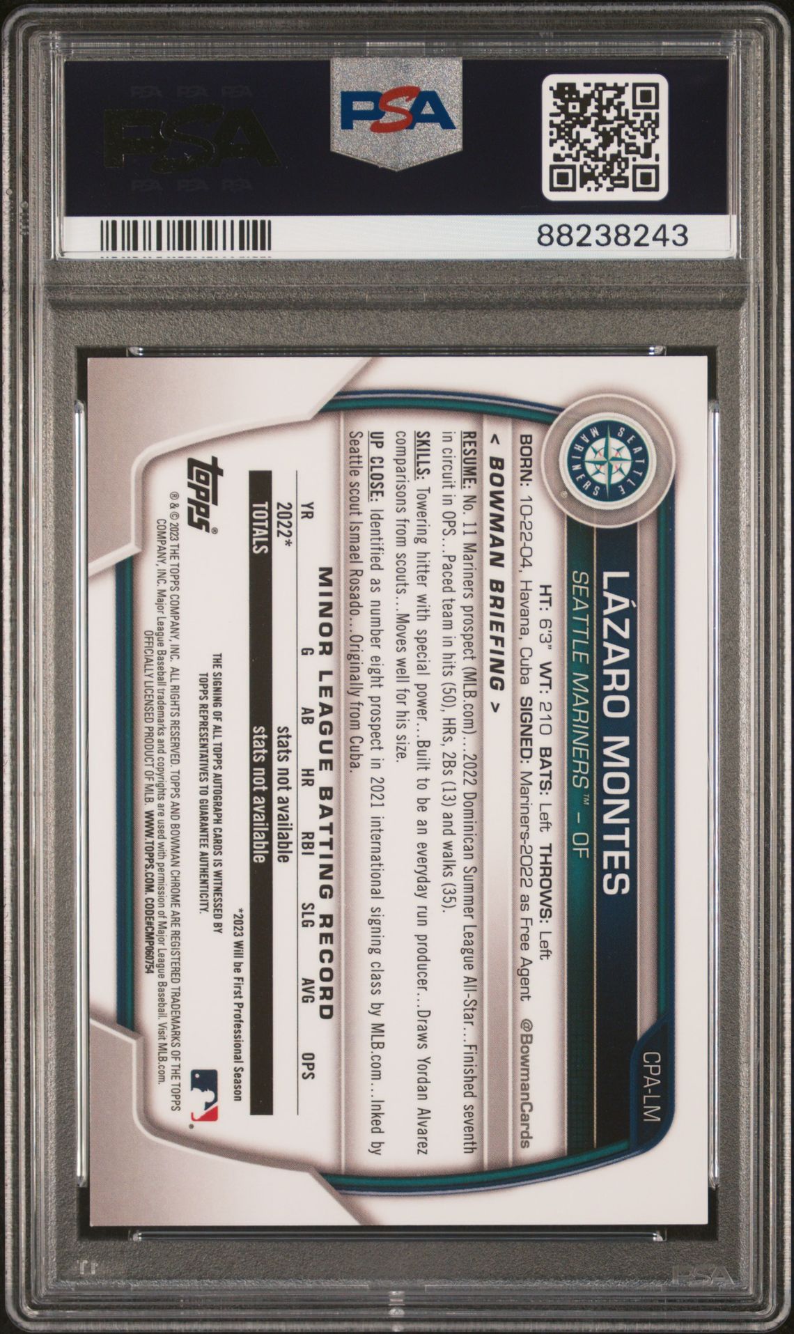 2023 Bowman Chrome Prospect Autographs Lazaro Montes #Cpalm (Chrome Prospect Auto) Gem Mt 10 back
