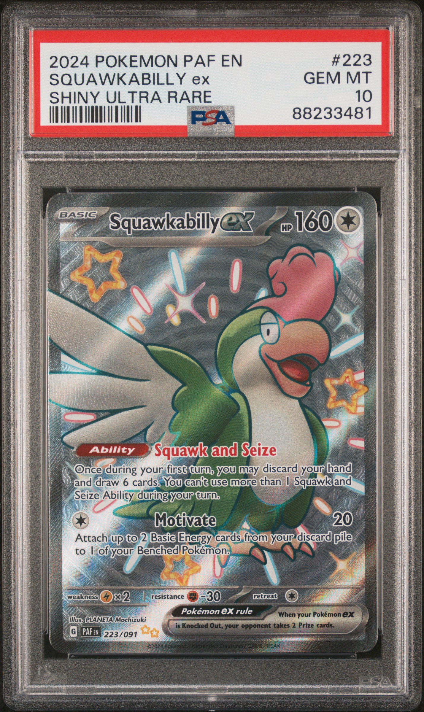 2024 Pokemon PAF EN-Paldean Fates Shiny Ultra Rare 223 Squawkabilly Ex – PSA GEM MT 10