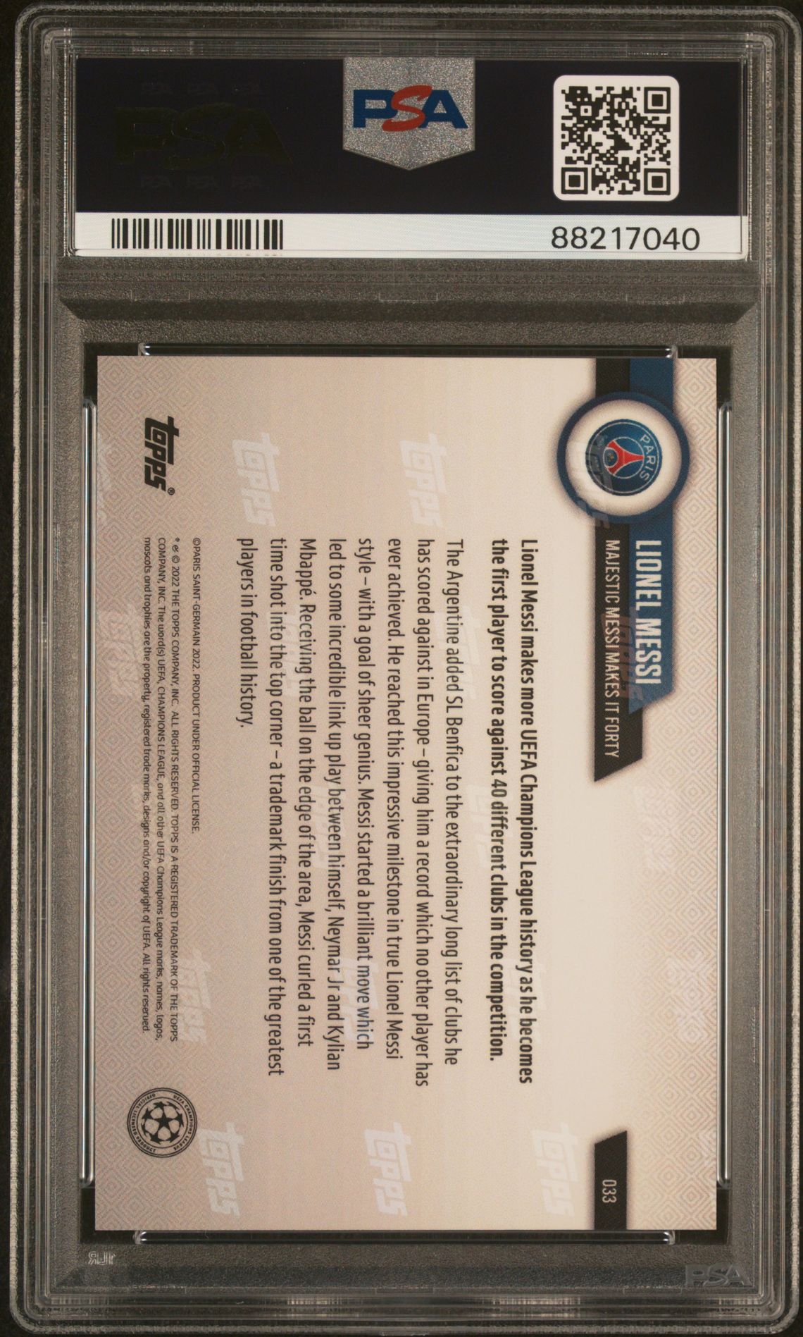 2022 Topps Now Uefa Champions League Lionel Messi #33 Gem Mt 10 back