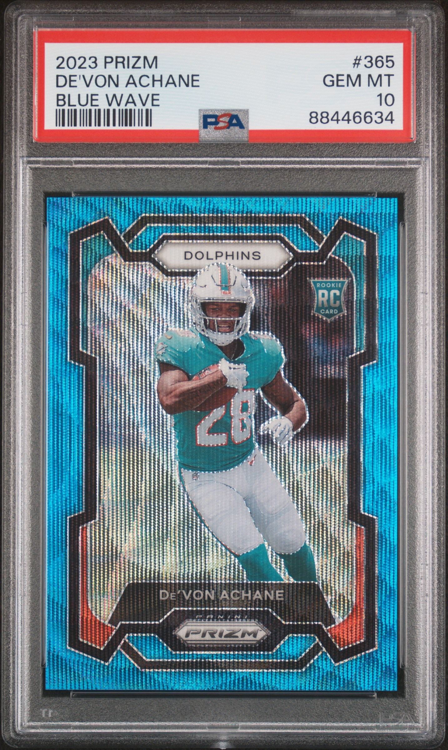 2023 Panini Prizm Blue Wave #365 De'Von Achane Rookie Card (#019/199) – PSA GEM MT 10