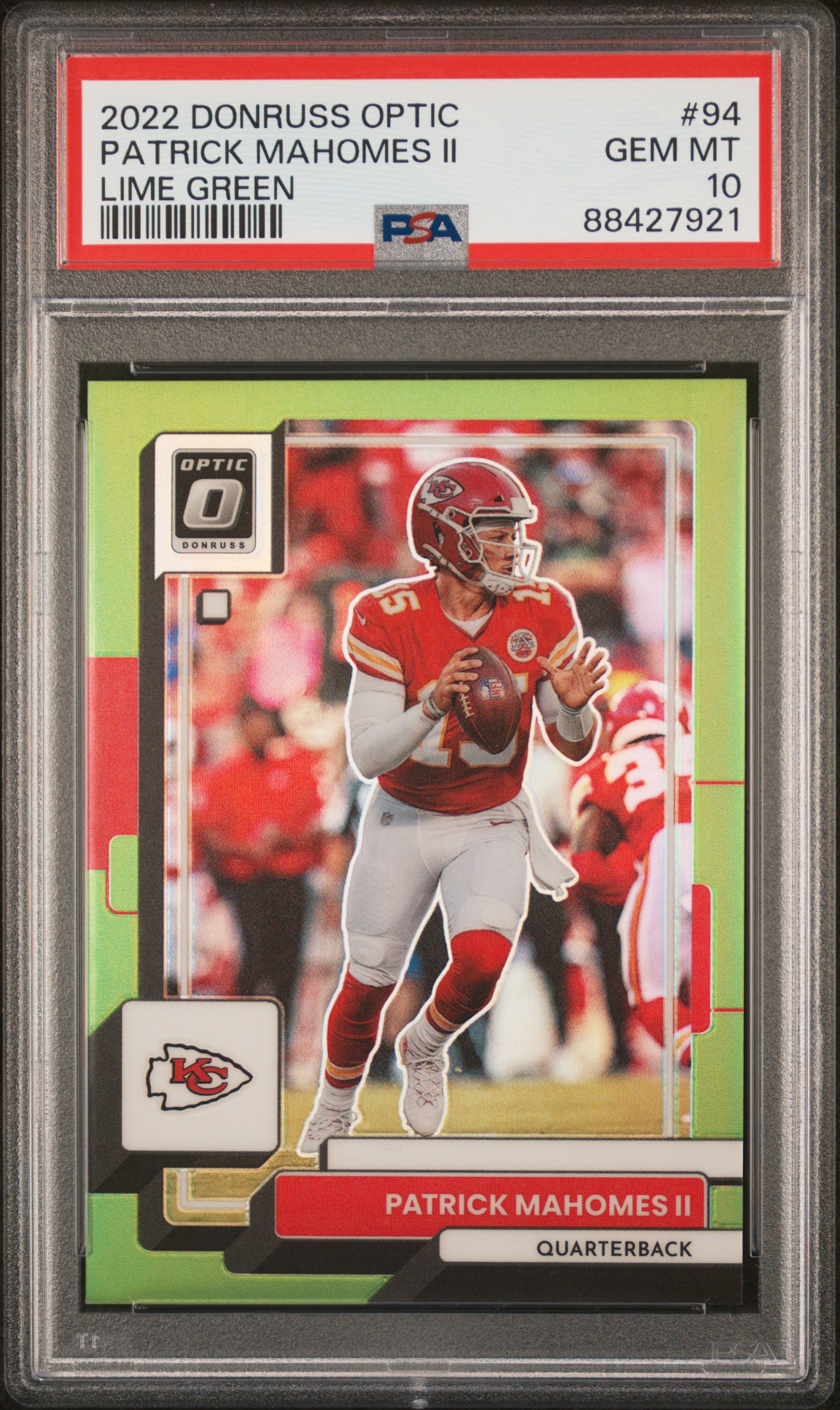 2022 Panini Donruss Optic Lime Green #94 Patrick Mahomes II (#27/35) – PSA GEM MT 10