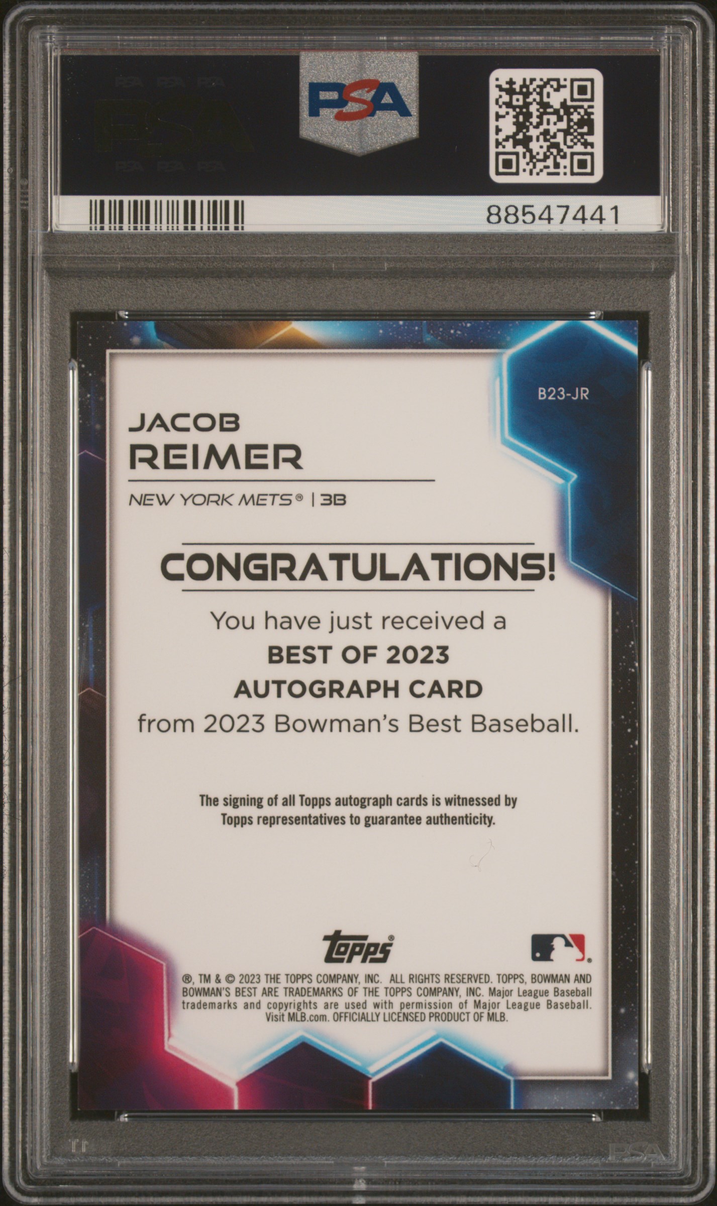2023 Bowman's Best Best Of 2023 Autographs Jacob Reimer #B23Jr Mint 9 back
