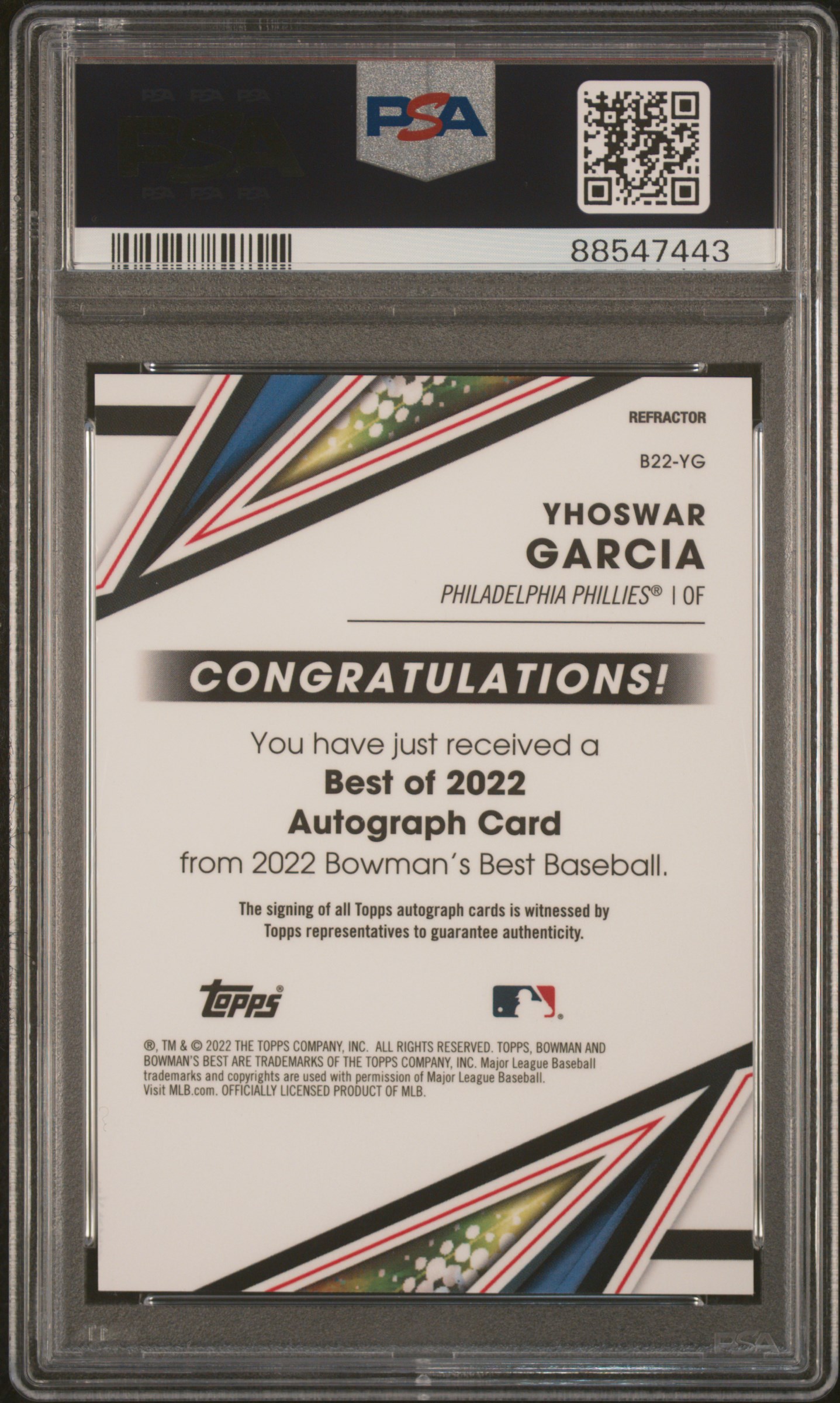 2022 Bowman's Best Best Of 2022 Autographs Yhoswar Garcia #B22Yg (Best/2022 Auto-Refractor) Gem Mt 10 back