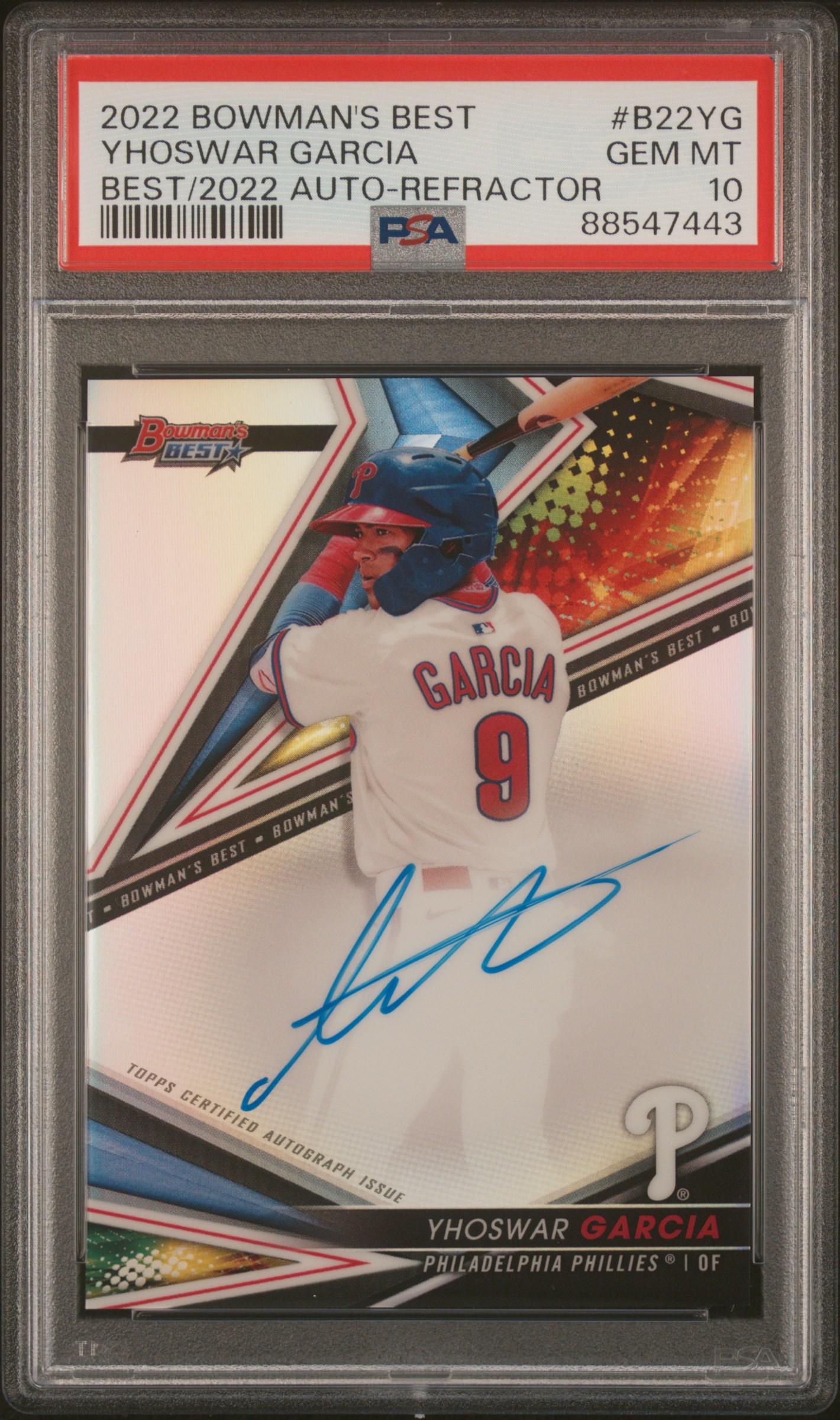 2022 Bowman's Best Best Of 2022 Autographs Yhoswar Garcia #B22Yg (Best/2022 Auto-Refractor) Gem Mt 10 front