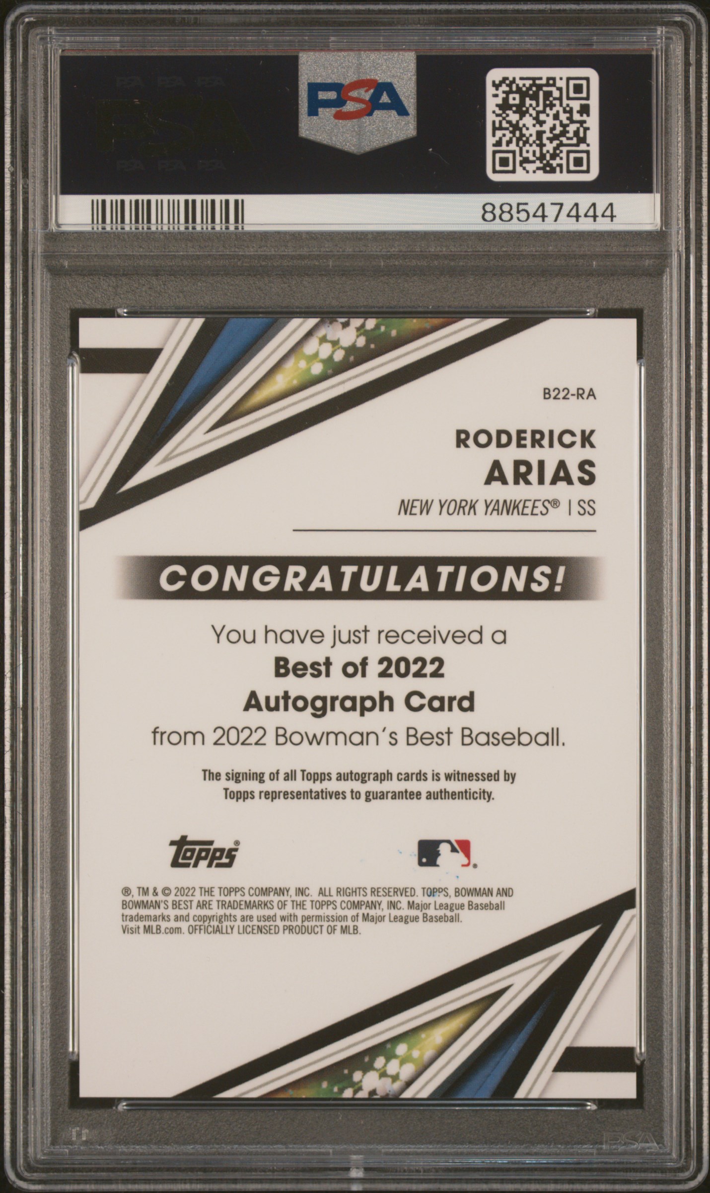 2022 Bowman's Best Best Of 2022 Autographs Roderick Arias #B22Ra (Best Of 2022 Autographs) Gem Mt 10 back