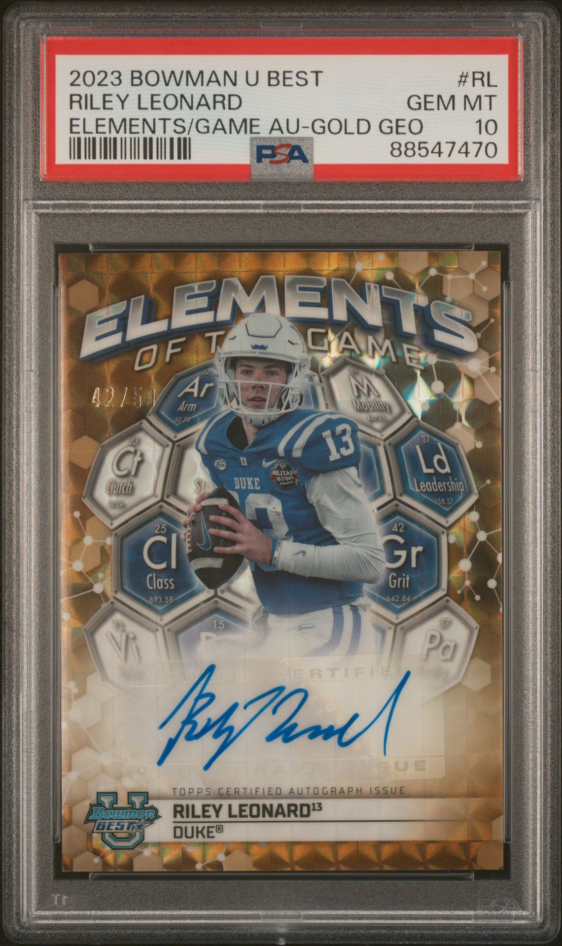 2023 Bowman University Best Elements Of The Game Autographs Riley Leonard #Rl (Elements/Game Au-Gold Geo) Gem Mt 10 front
