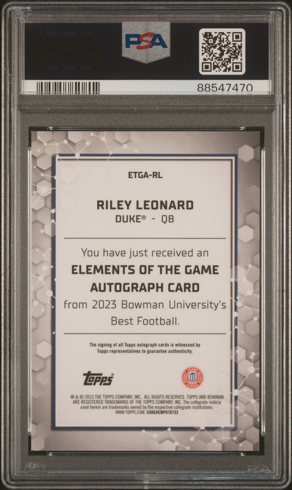 2023 Bowman University Best Elements Of The Game Autographs Riley Leonard #Rl (Elements/Game Au-Gold Geo) Gem Mt 10 back