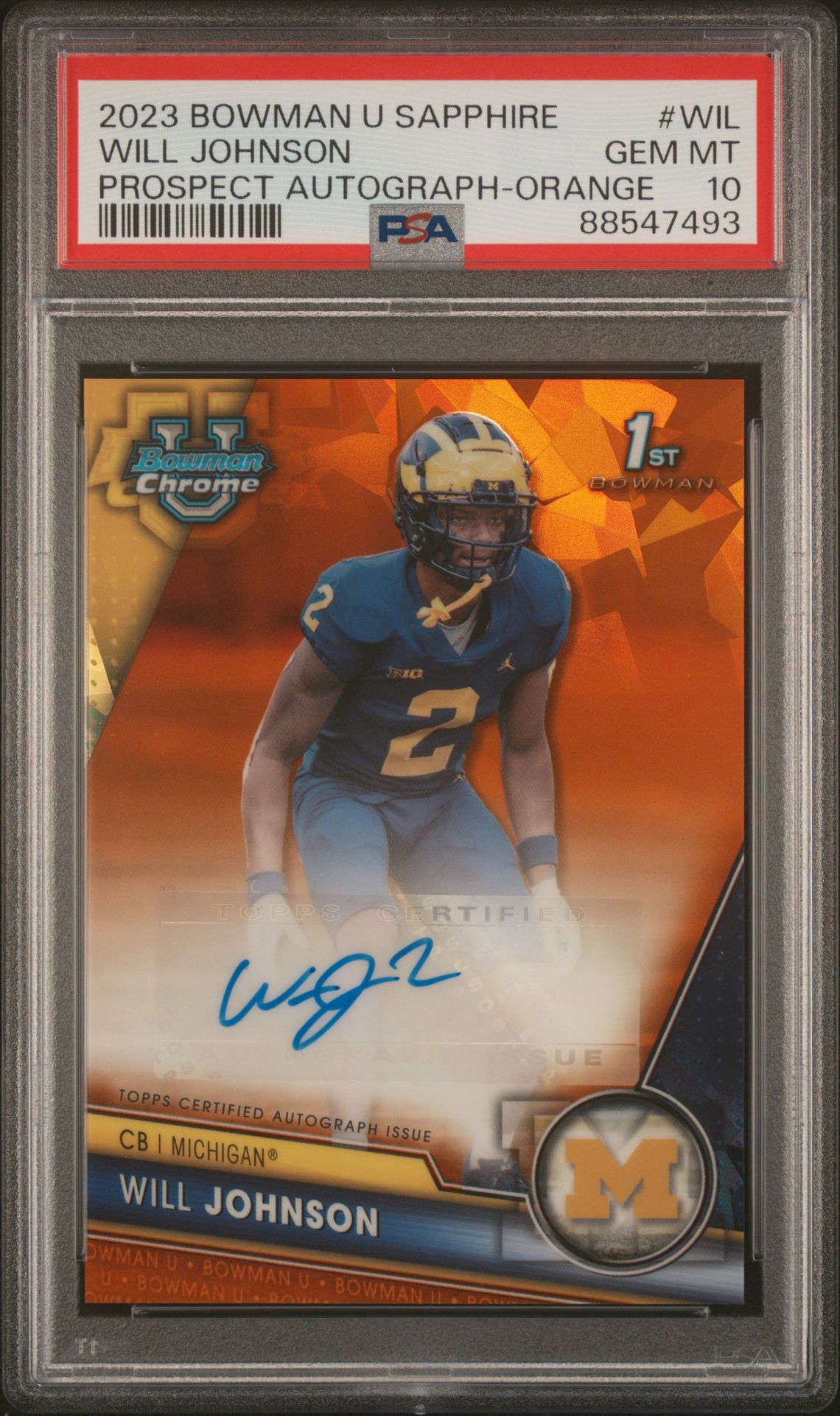 2023 Bowman University Chrome Sapphire Prospect Autograph Will Johnson #Wil (Prospect Autograph-Orange) Gem Mt 10 front