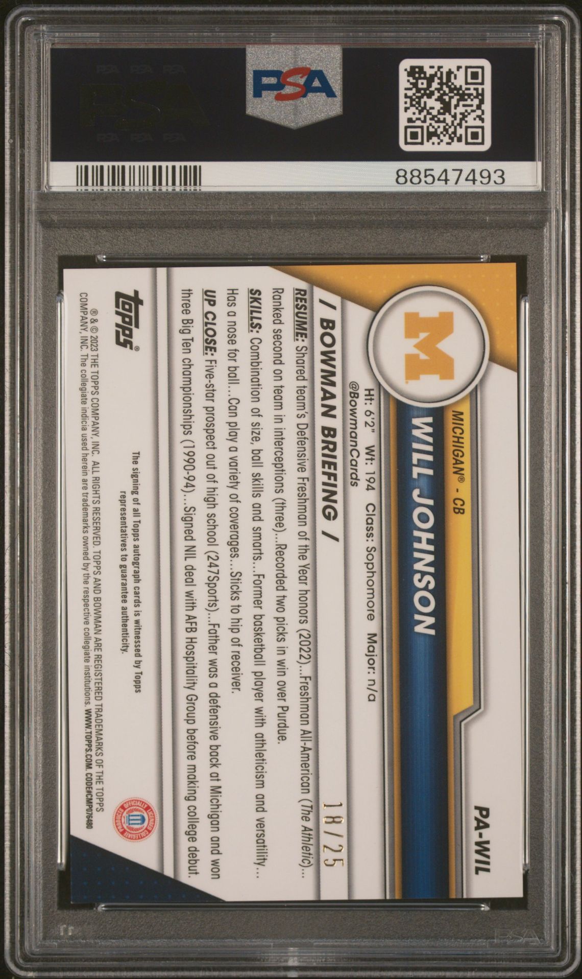 2023 Bowman University Chrome Sapphire Prospect Autograph Will Johnson #Wil (Prospect Autograph-Orange) Gem Mt 10 back
