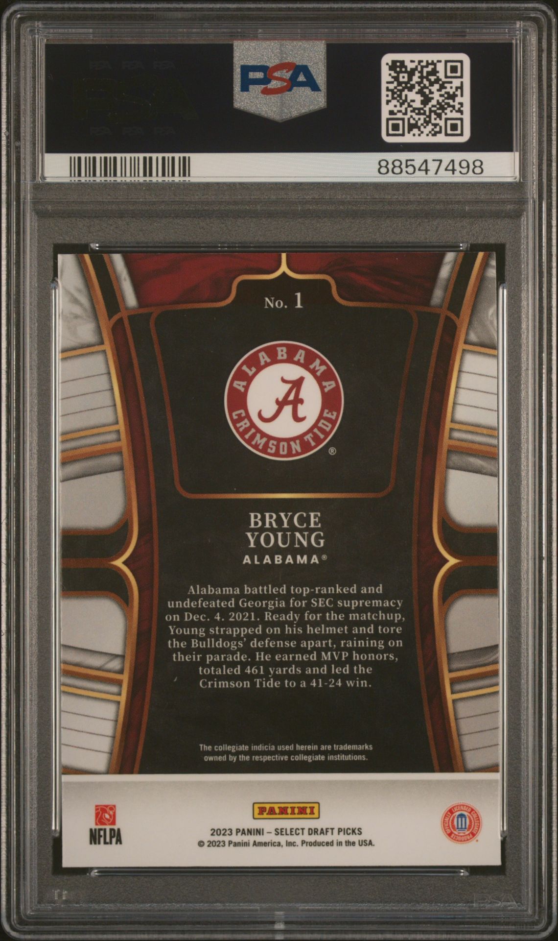 2023 Panini Select Draft Picks Bryce Young #1 (Blue) Gem Mt 10 back