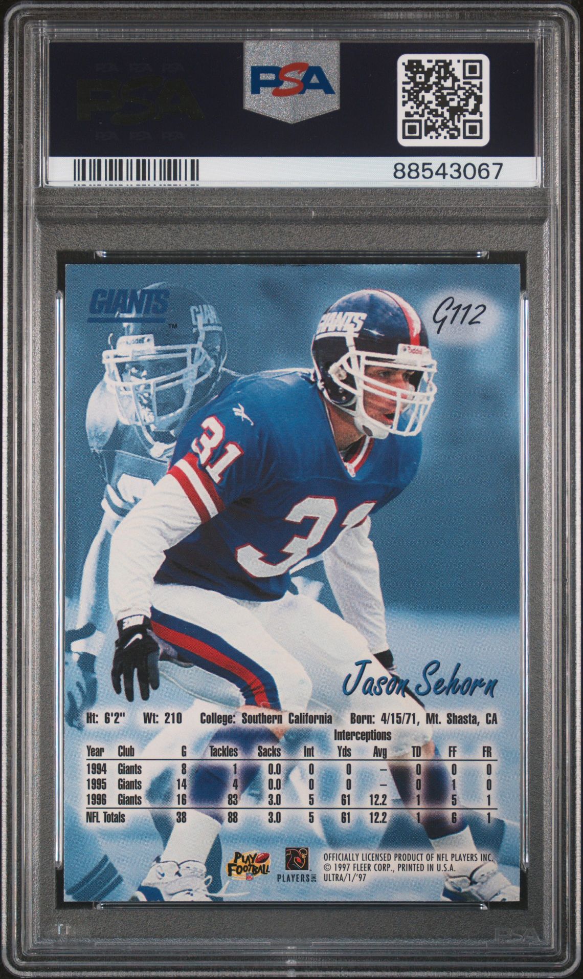 1997 Ultra Jason Sehorn #G112 (Gold Medallion) Nm-Mt 8 back