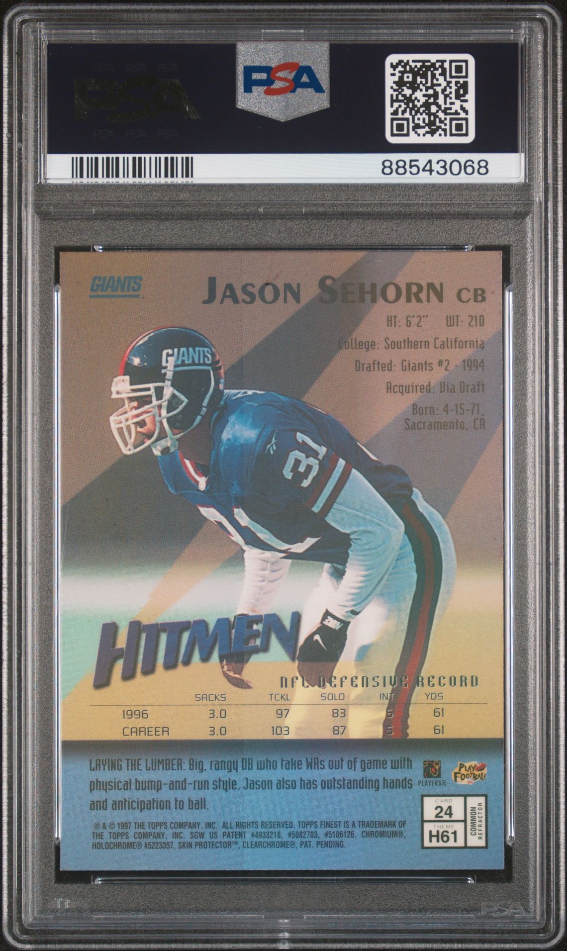 1997 Finest Jason Sehorn #24 (Refractor W/Coating) Nm-Mt 8 back