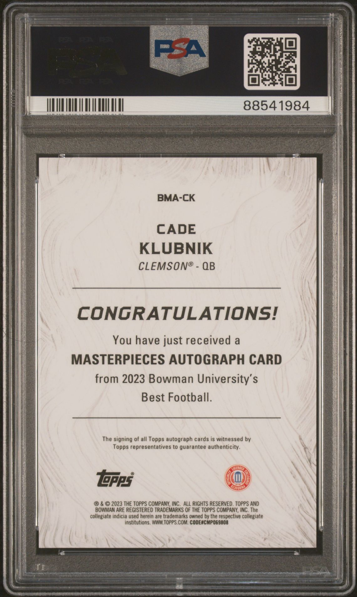 2023 Bowman University Best Bowman Masterpieces Autographs Cade Klubnik #Bmack (Masterpieces Autograph) Gem Mt 10 back