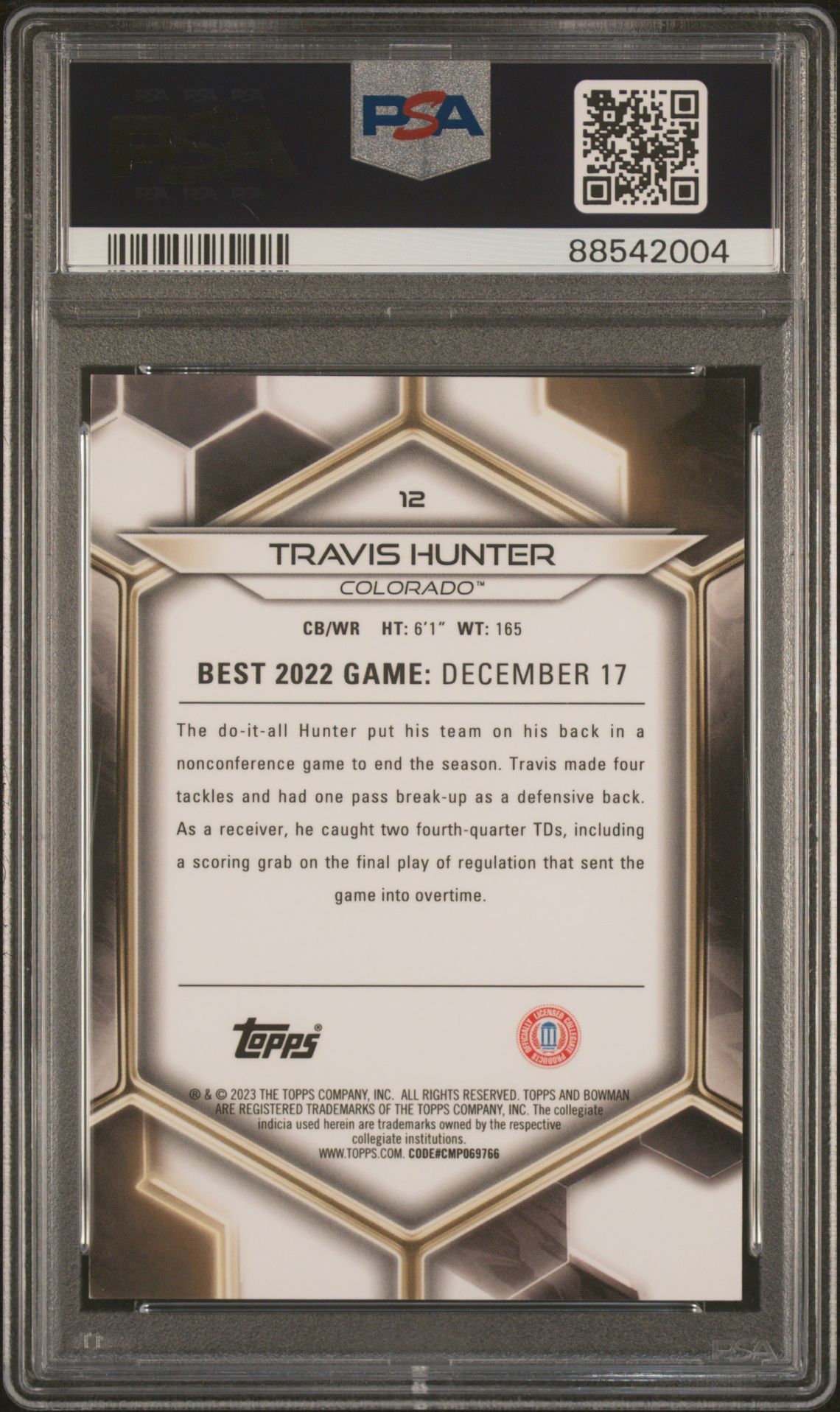 2023 Bowman University Best Travis Hunter #12 (Gold Geometric) Gem Mt 10 back