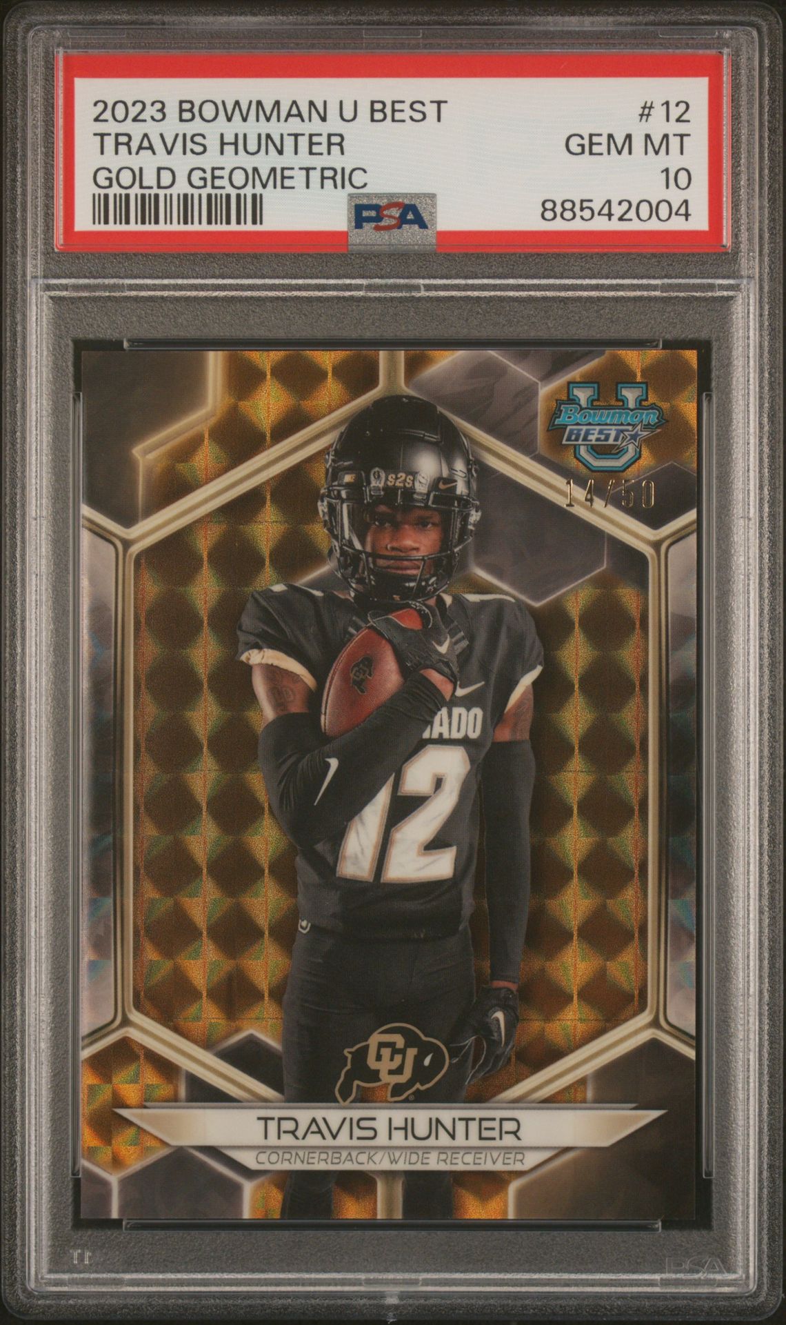 2023 Bowman University Best Travis Hunter #12 (Gold Geometric) Gem Mt 10 front
