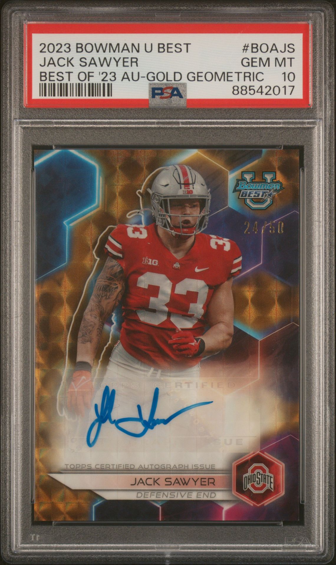 2023 Bowman University Best Best Of 2023 Autographs Jack Sawyer #Boajs (Best Of '23 Au-Gold Geometric) Gem Mt 10 front