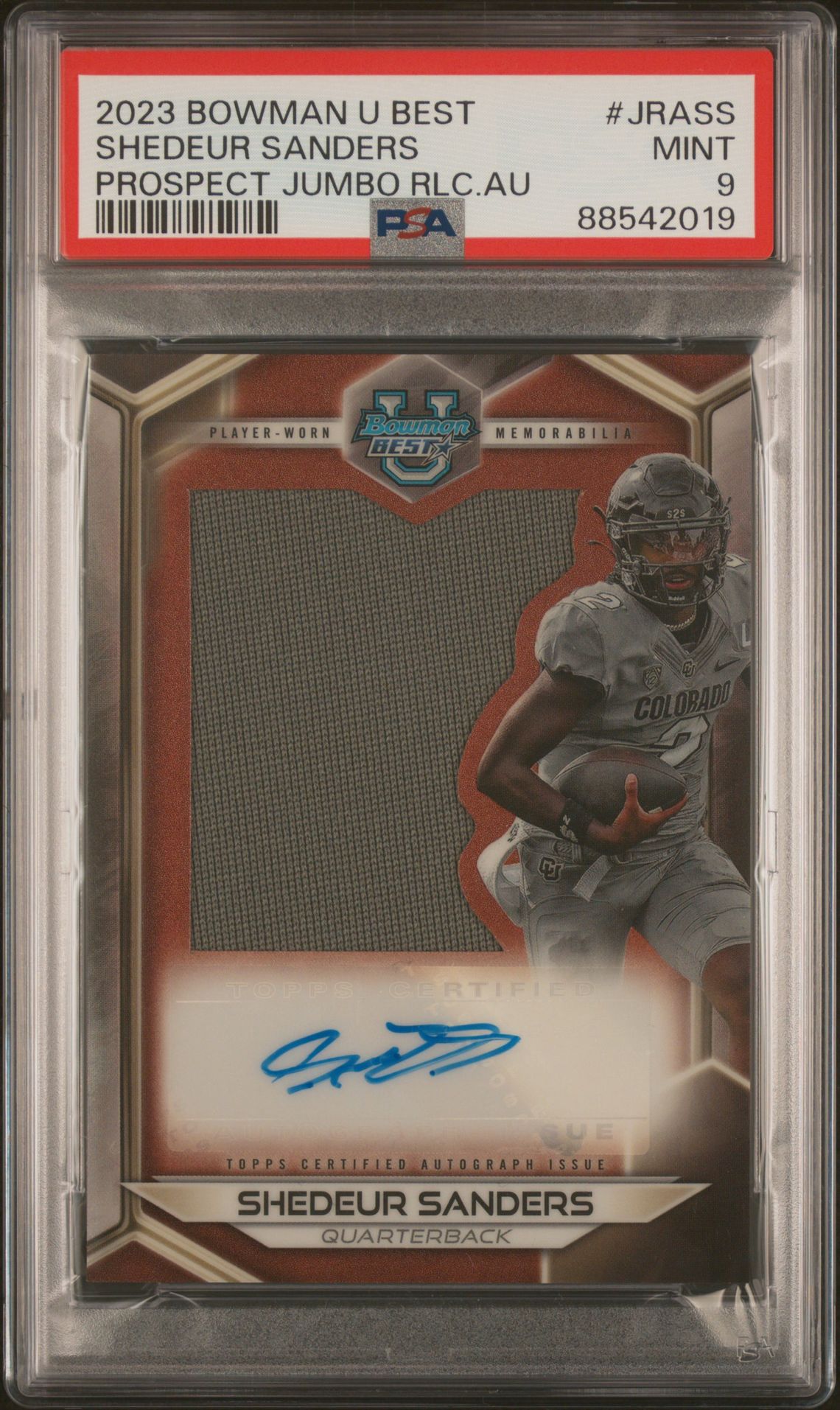 2023 Bowman University Best Prospect Jumbo Relic Autographs Shedeur Sanders #Jrass (Prospect Jumbo Rlc.au) Mint 9 front