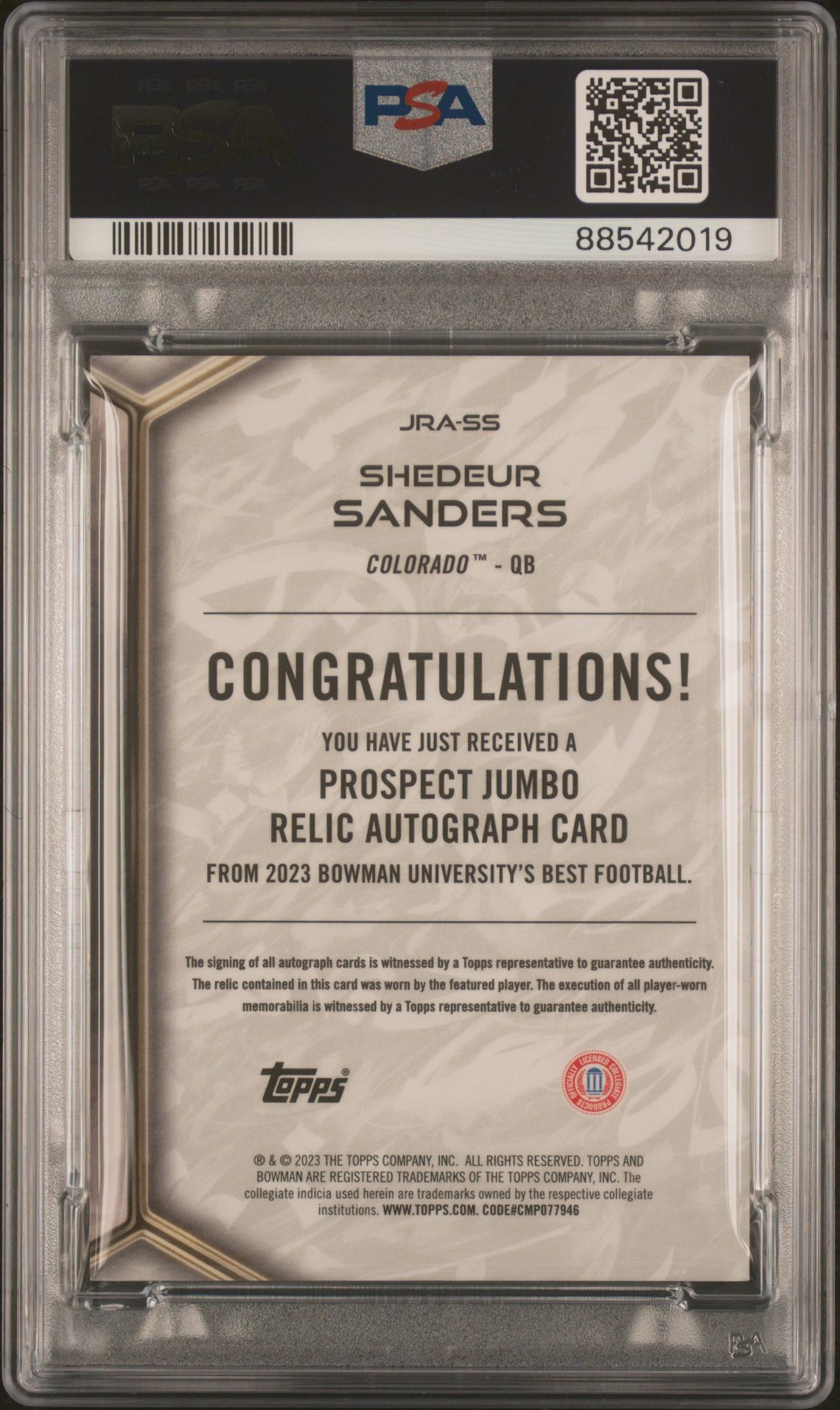 2023 Bowman University Best Prospect Jumbo Relic Autographs Shedeur Sanders #Jrass (Prospect Jumbo Rlc.au) Mint 9 back