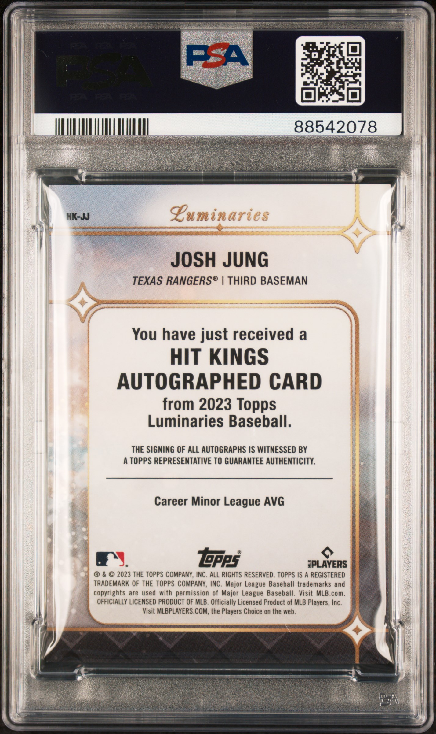 2023 Topps Luminaries Hit Kings Autograph Josh Jung #Hkjj (Hit Kings Autograph-Purple) Mint 9 front