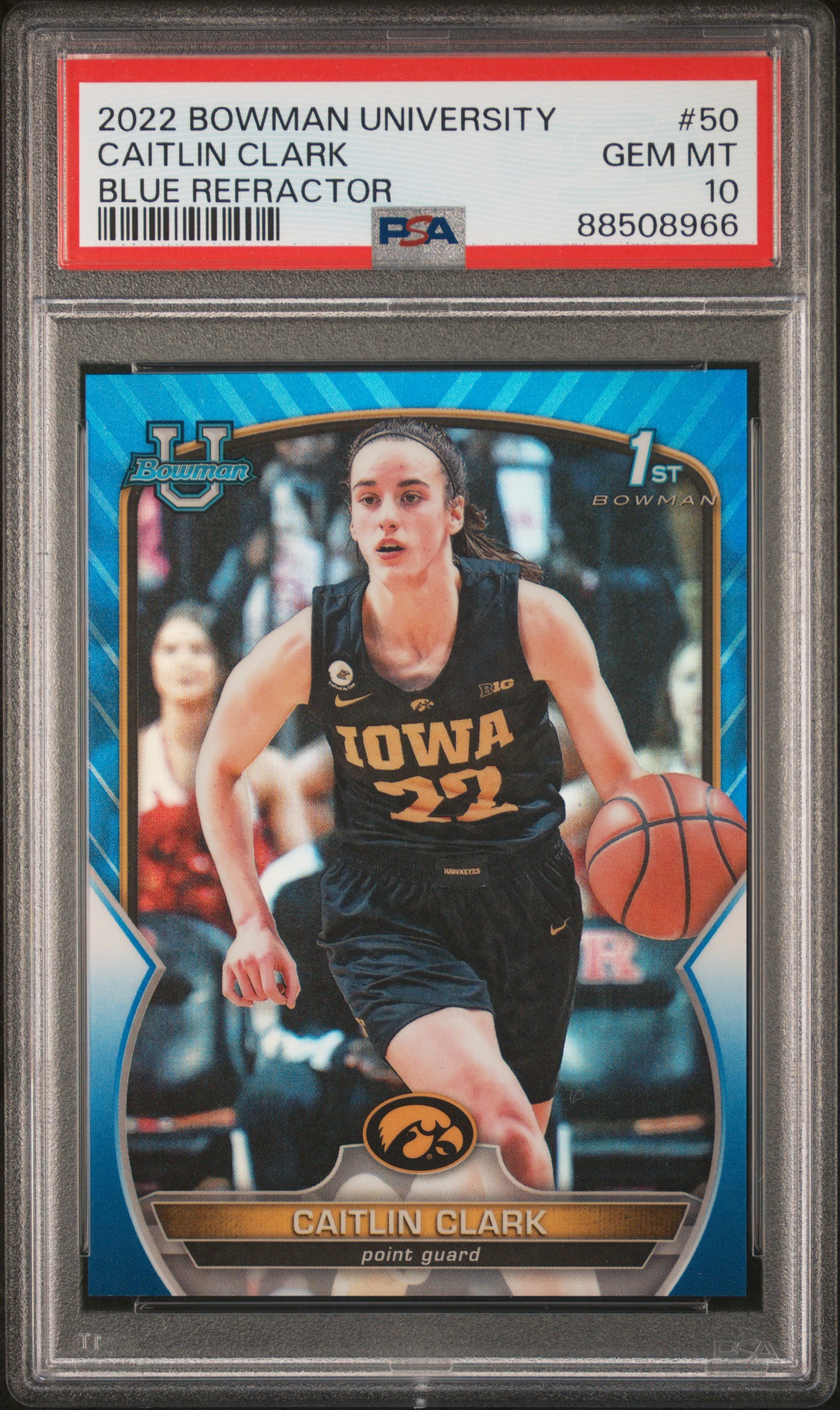 2022-23 Bowman Chrome University Blue Refractor #50 Caitlin Clark Rookie Card (#099/199) – PSA GEM MT 10