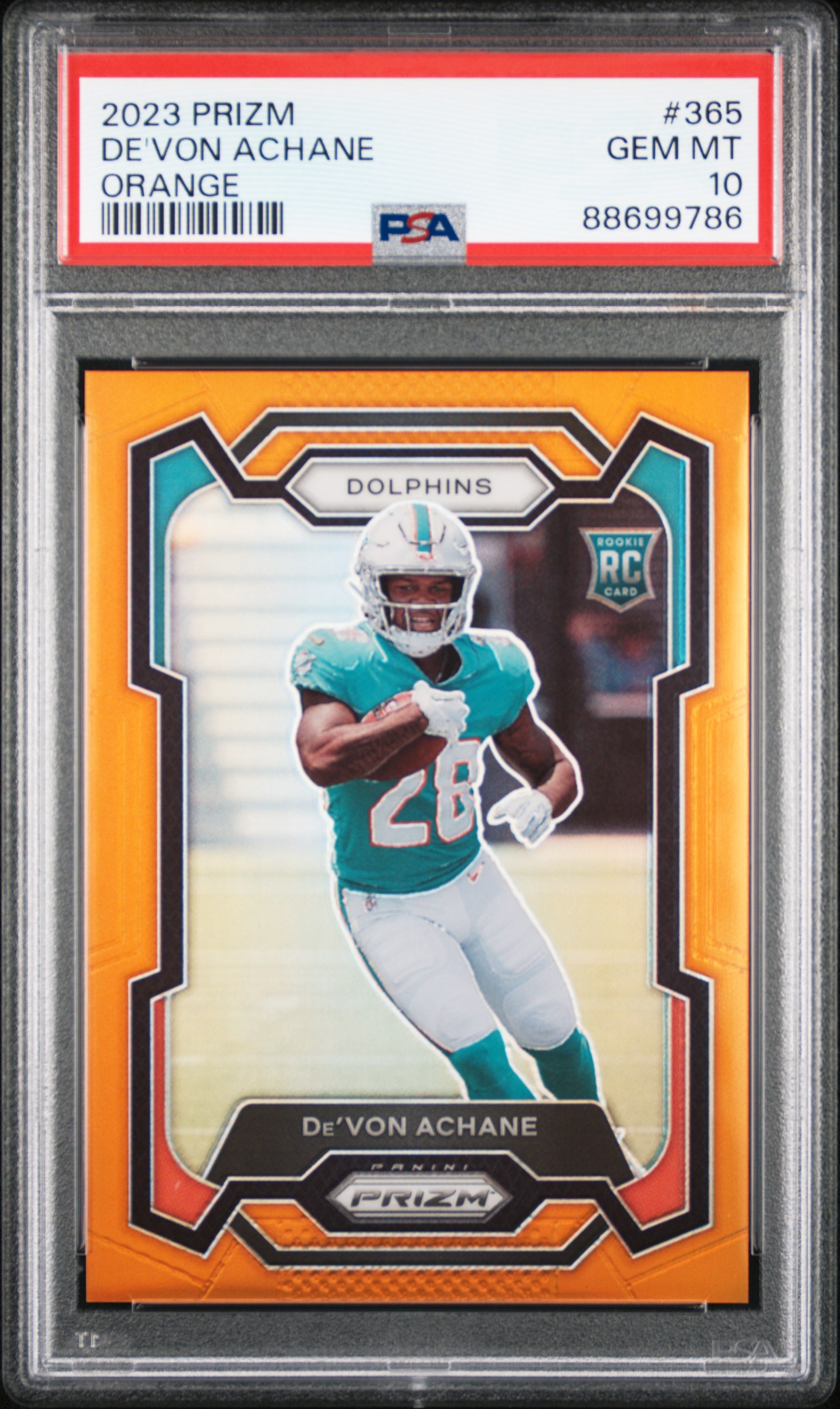 2023 Panini Prizm Orange #365 De'Von Achane Rookie Card (#206/249) – PSA GEM MT 10