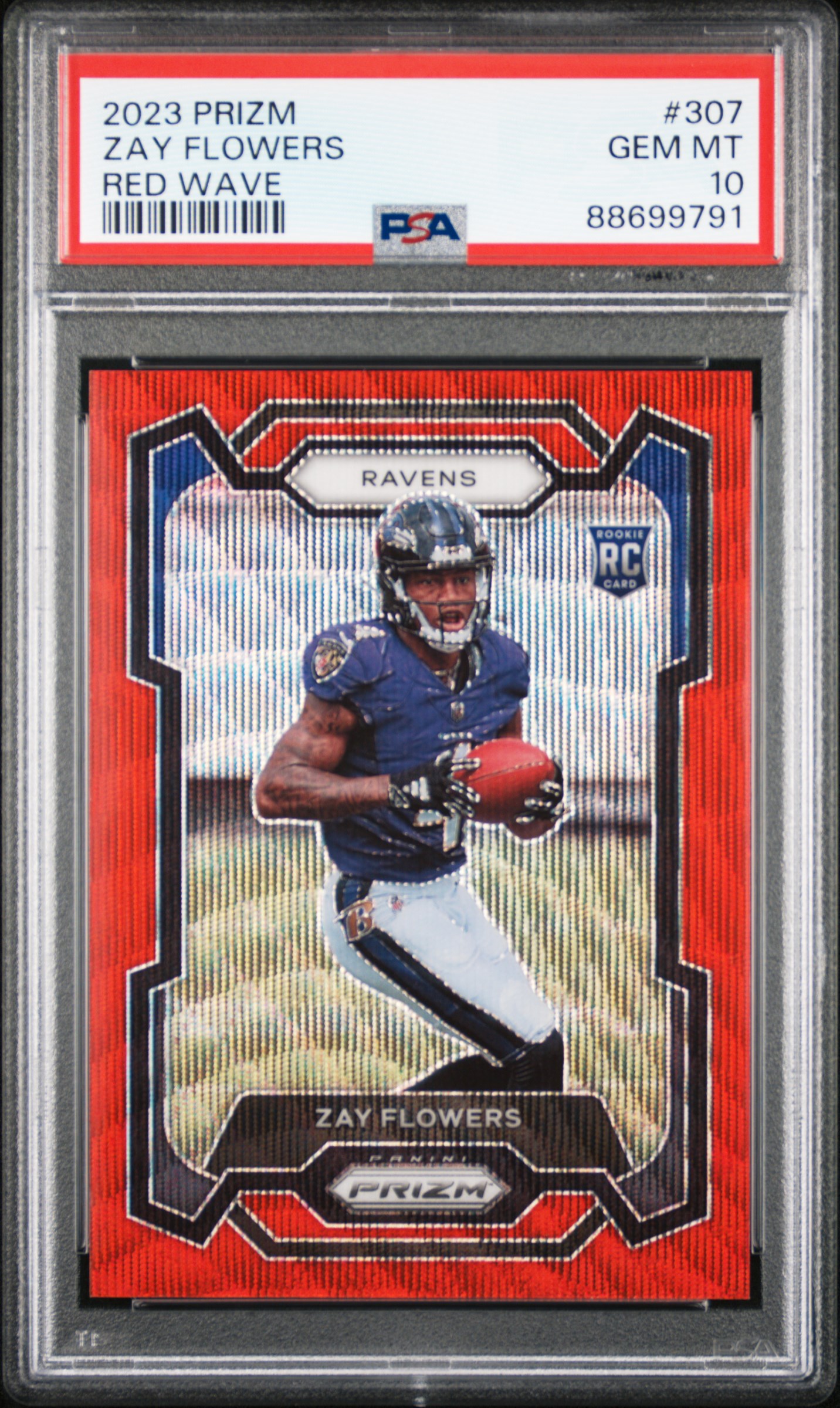 2023 Panini Prizm Red Wave #307 Zay Flowers Rookie Card (#073/149) – PSA GEM MT 10