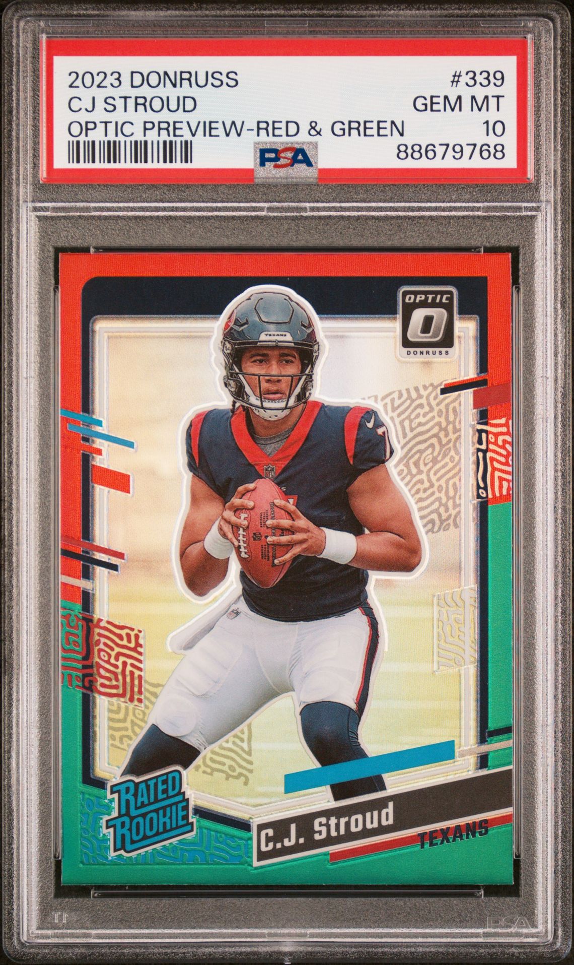 2023 Panini Donruss Cj Stroud #339 (Optic Preview-Red & Green) Gem Mt 10 front view - PSA graded GEM MT 10