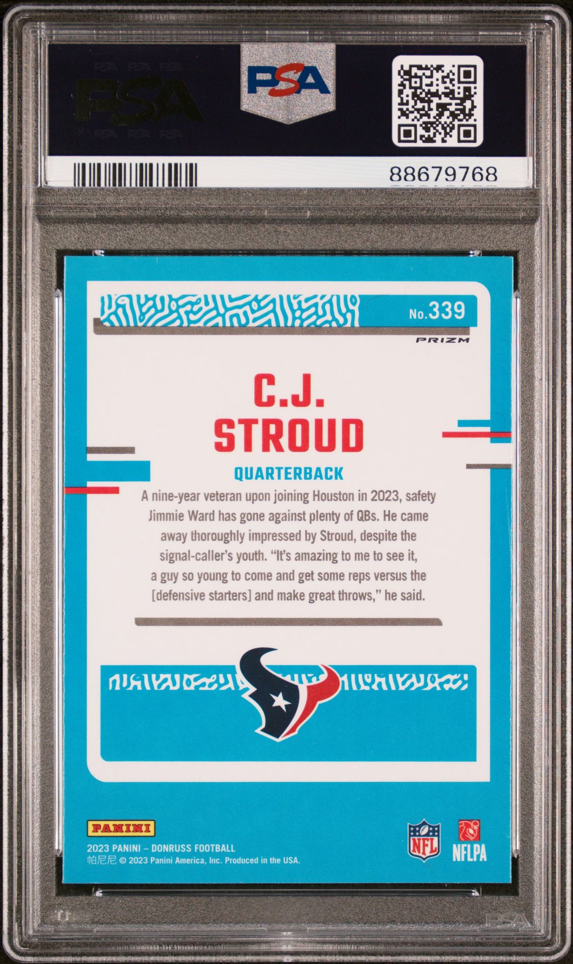 2023 Panini Donruss Cj Stroud #339 (Optic Preview-Red & Green) Gem Mt 10 back view - PSA certificate #88679768