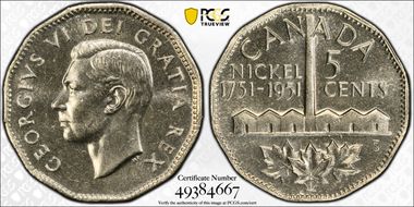 1951 5C Nickel Bicentennial Half Moon Variety MS65