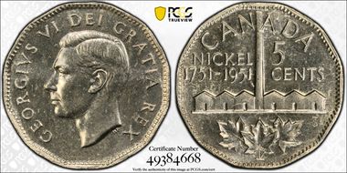 1951 5C Nickel Bicentennial Half Moon Variety MS64