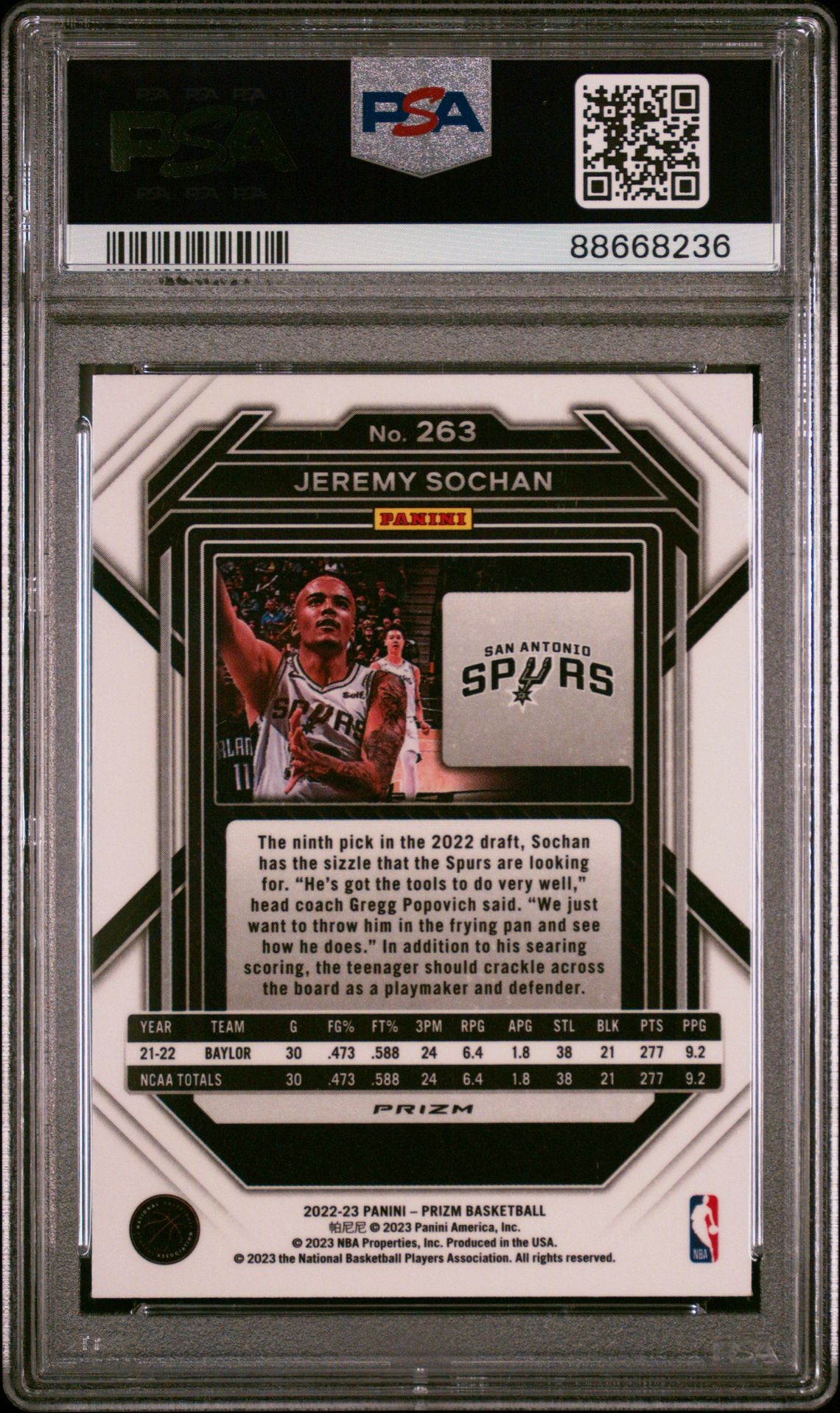 2022 Panini Prizm Jeremy Sochan #263 (Silver Prizm) Gem Mt 10 back